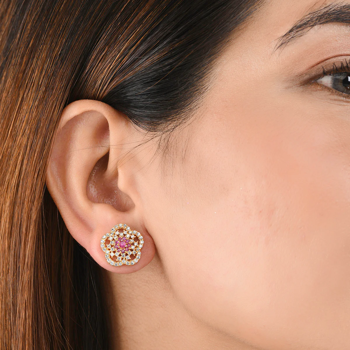 Sparkling Elegance Floral Heavily Zircons Embellished Brass Gold Plated Earrings - Image 2