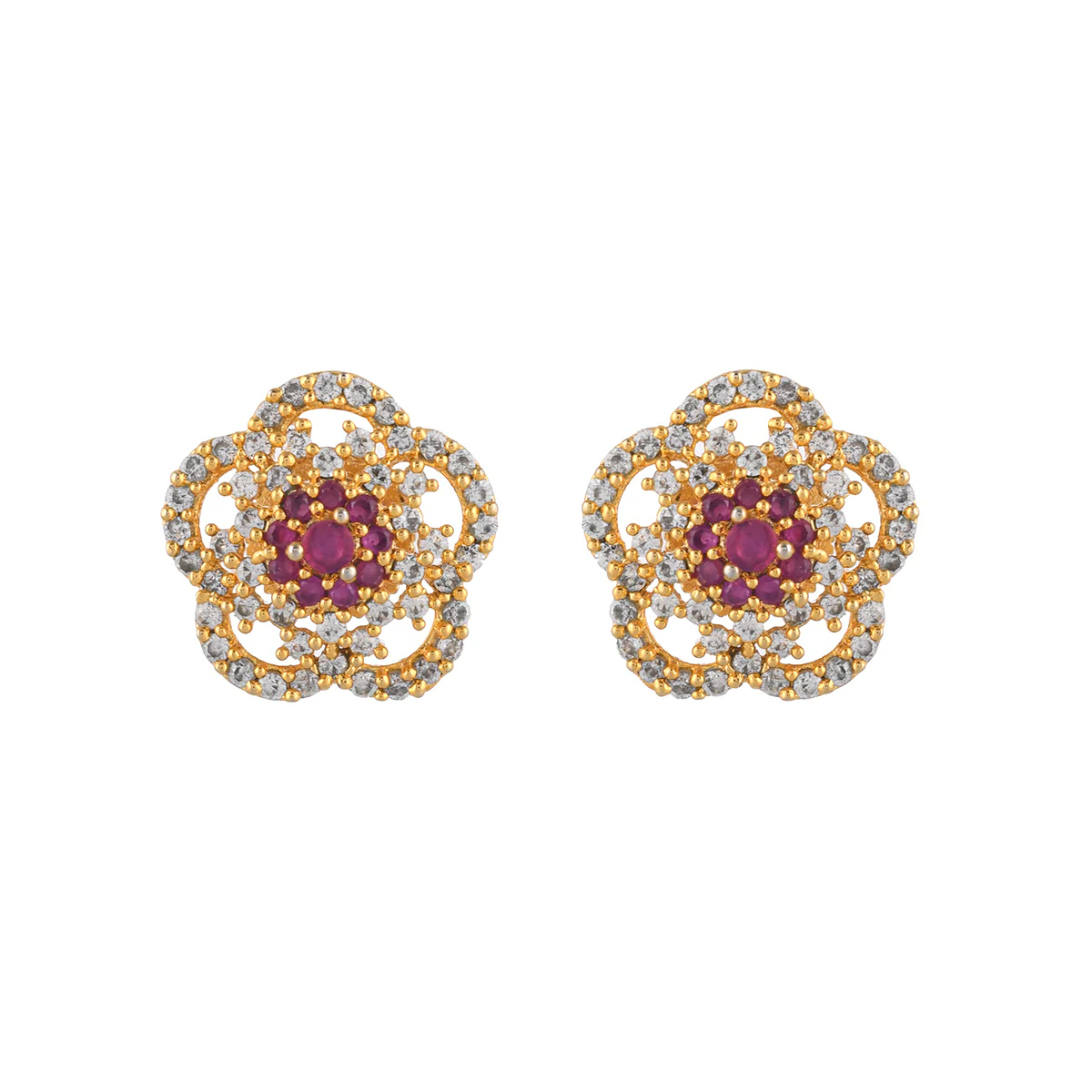 Sparkling Elegance Floral Heavily Zircons Embellished Brass Gold Plated Earrings - Image 3