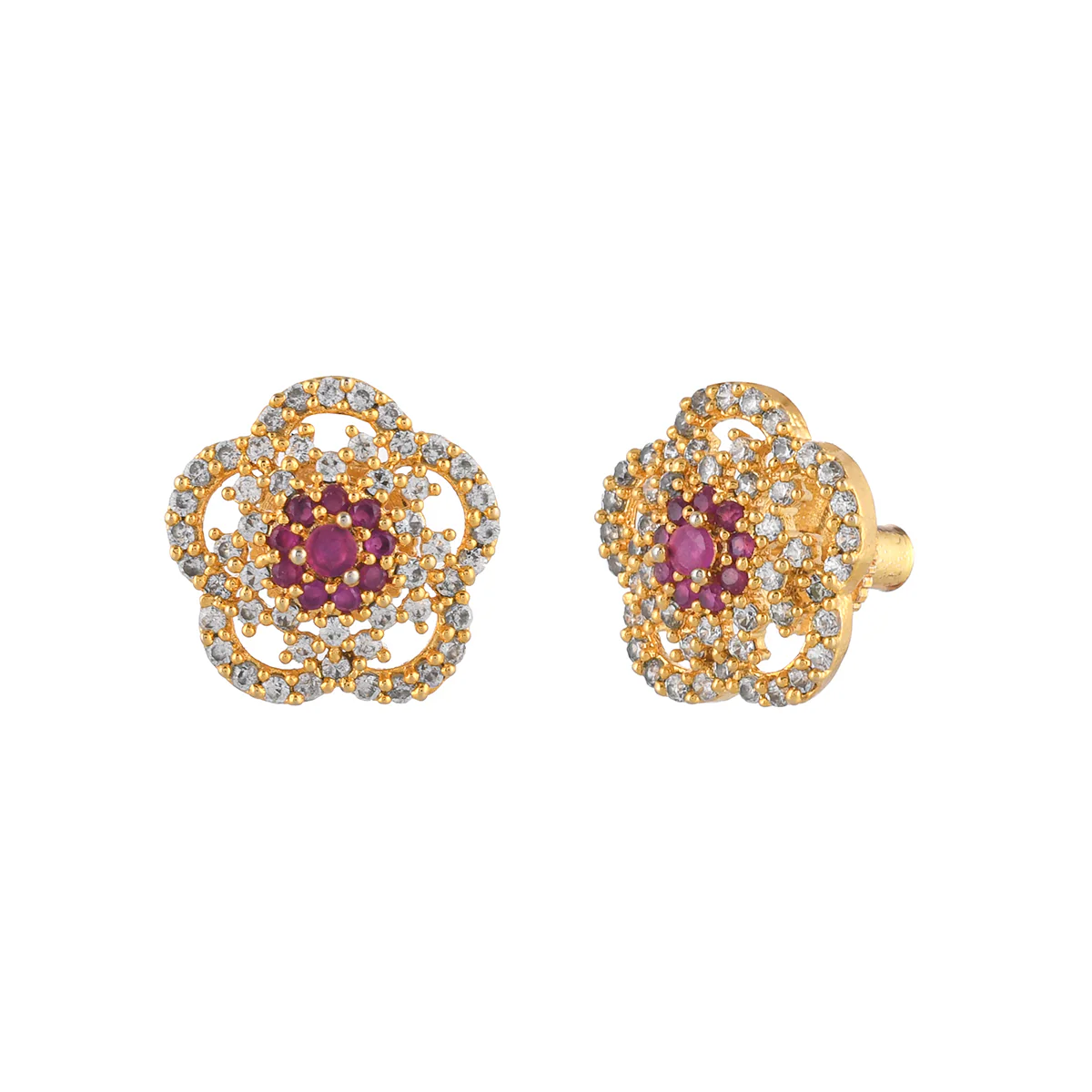 Sparkling Elegance Floral Heavily Zircons Embellished Brass Gold Plated Earrings - Image 4