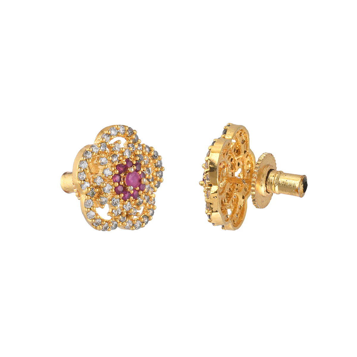 Sparkling Elegance Floral Heavily Zircons Embellished Brass Gold Plated Earrings - Image 5