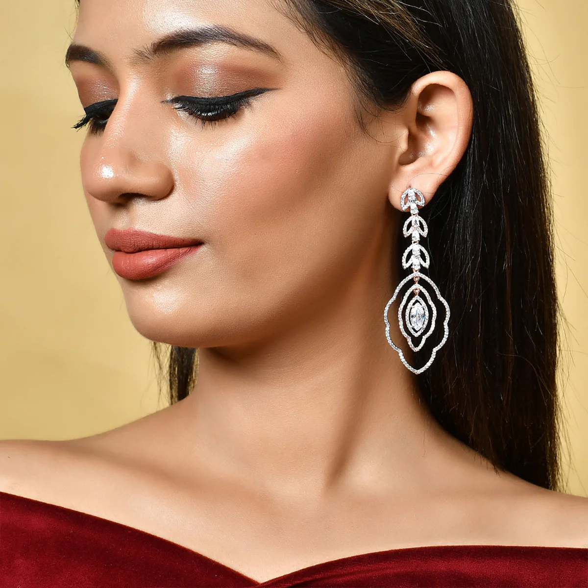 Sparkling Elegance Floral Motifs CZ Drop Earrings - Image 2
