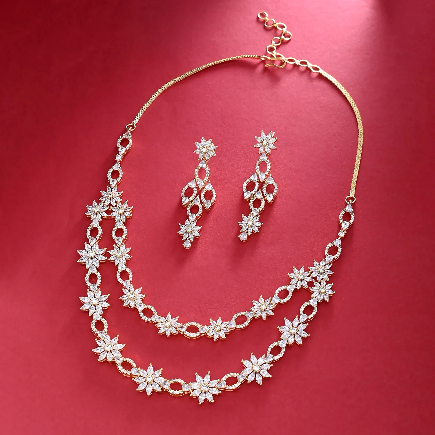 Sparkling Elegance Floral Motifs White Cluster Setting Cz Jewellery Set