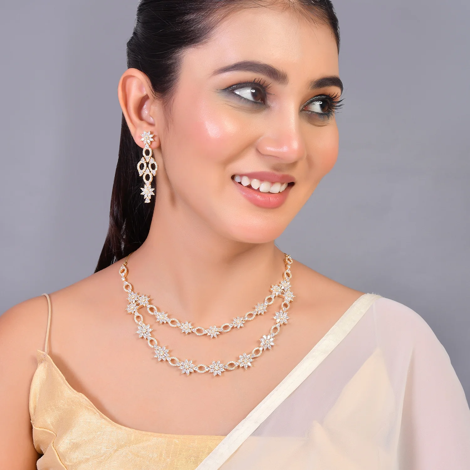 Sparkling Elegance Floral Motifs White Cluster Setting Cz Jewellery Set - Image 2
