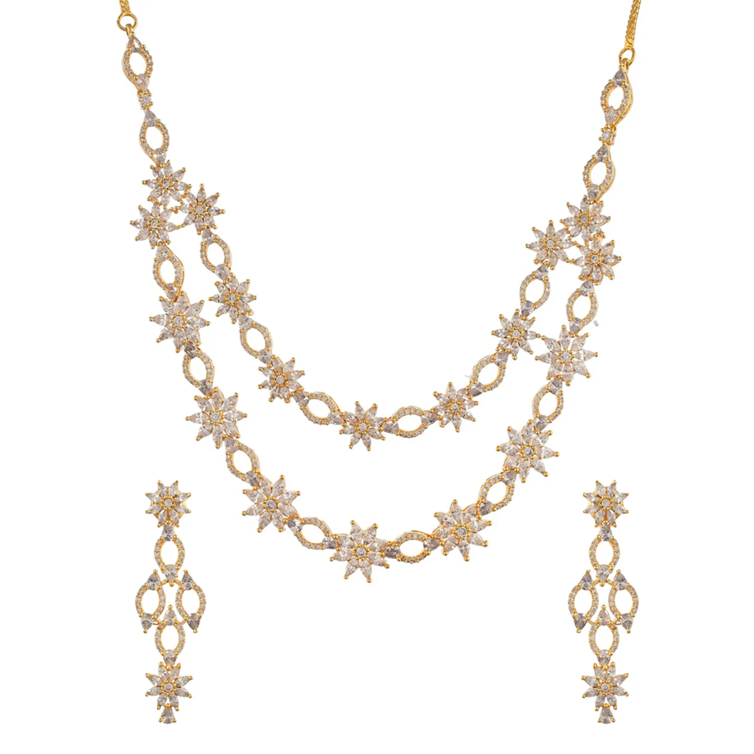 Sparkling Elegance Floral Motifs White Cluster Setting Cz Jewellery Set - Image 3