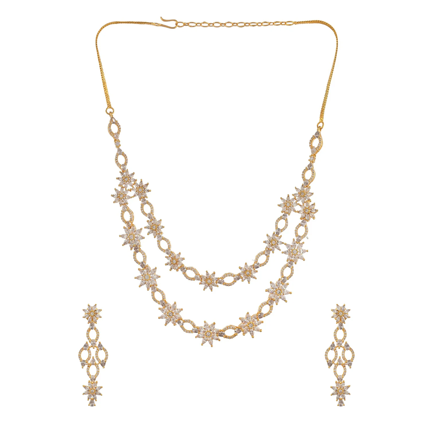 Sparkling Elegance Floral Motifs White Cluster Setting Cz Jewellery Set - Image 4