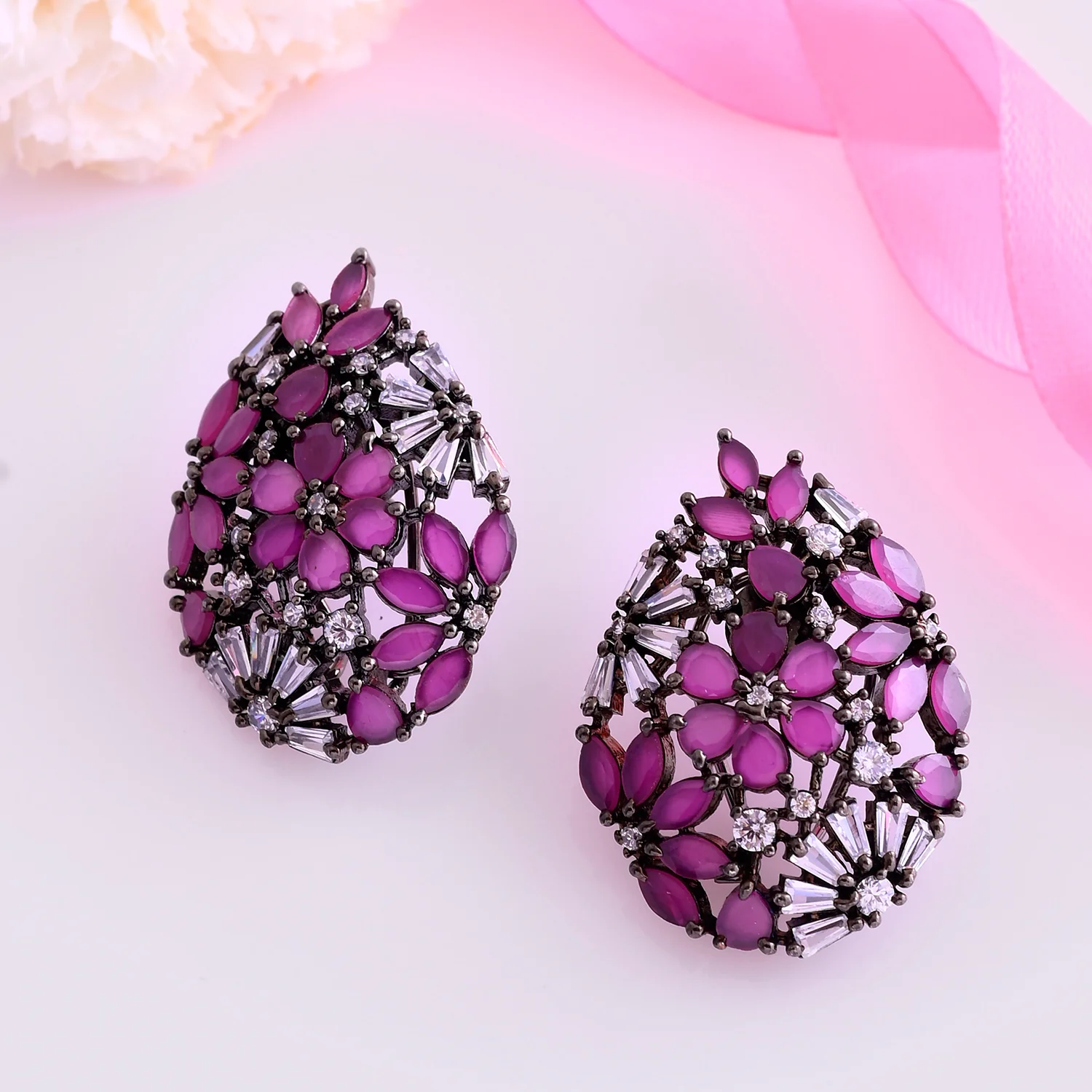 Sparkling Elegance Floral Teardrop Cut Cz Earrings