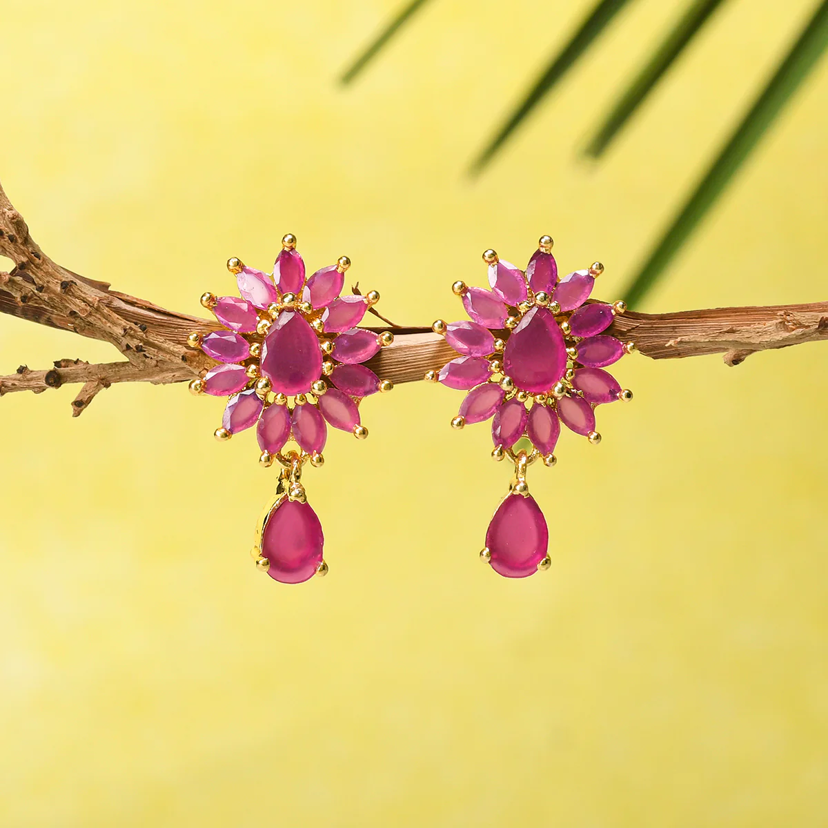 Sparkling Elegance Floral Teardrop Cut Zircons Adorned Gold Plated Drop Earrings
