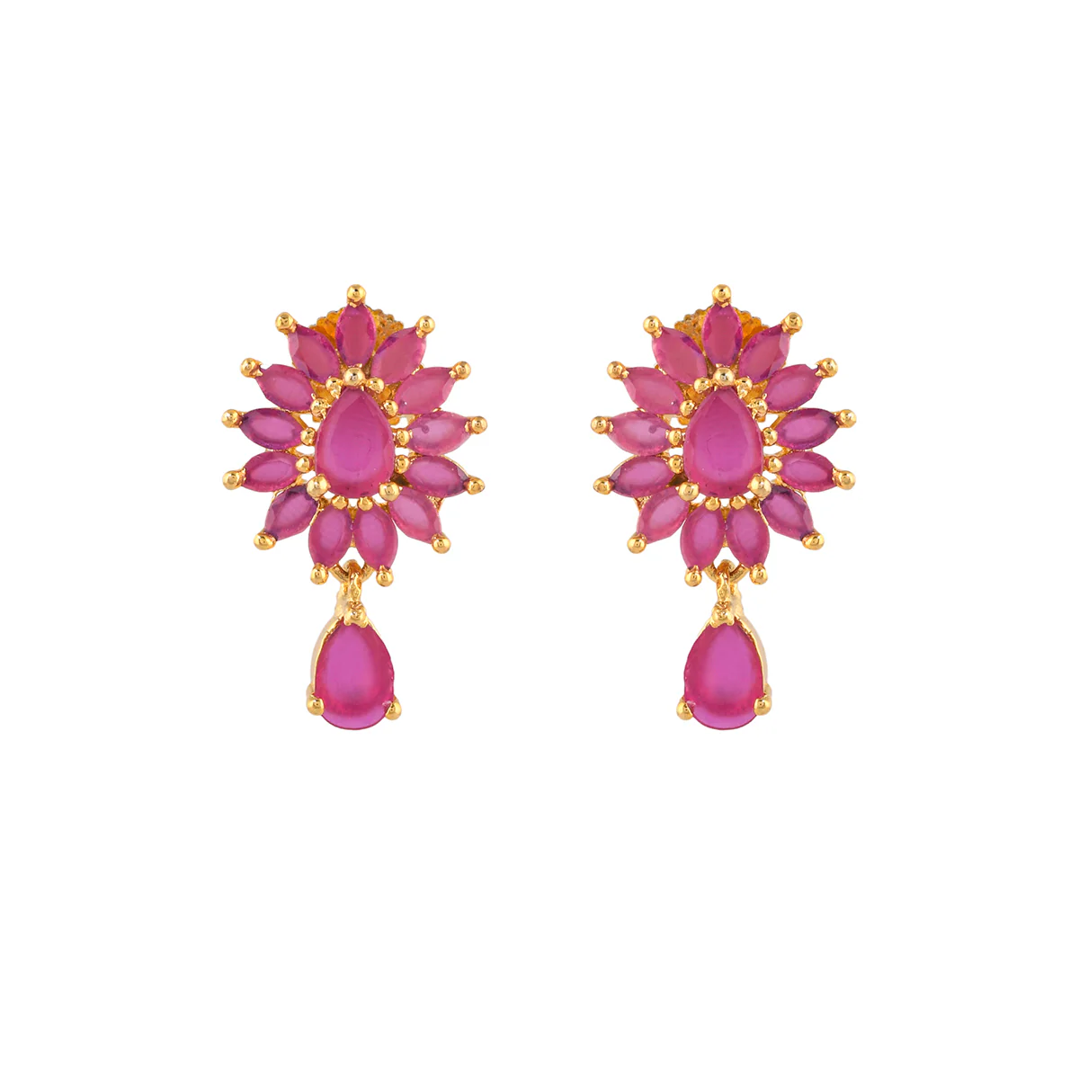 Sparkling Elegance Floral Teardrop Cut Zircons Adorned Gold Plated Drop Earrings - Image 3