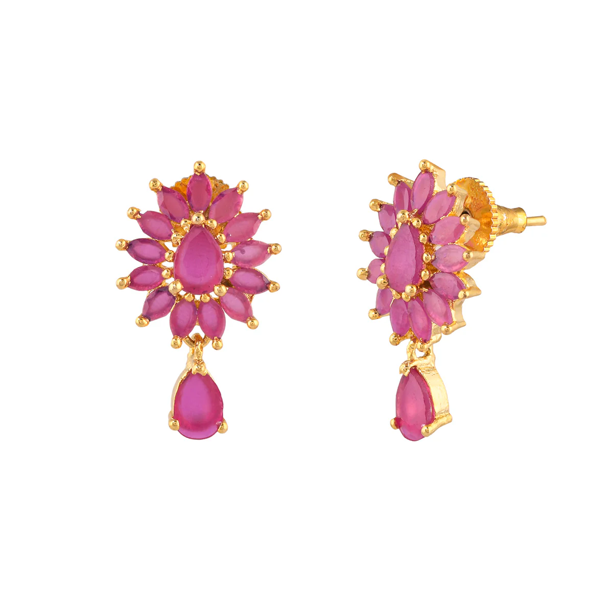 Sparkling Elegance Floral Teardrop Cut Zircons Adorned Gold Plated Drop Earrings - Image 4