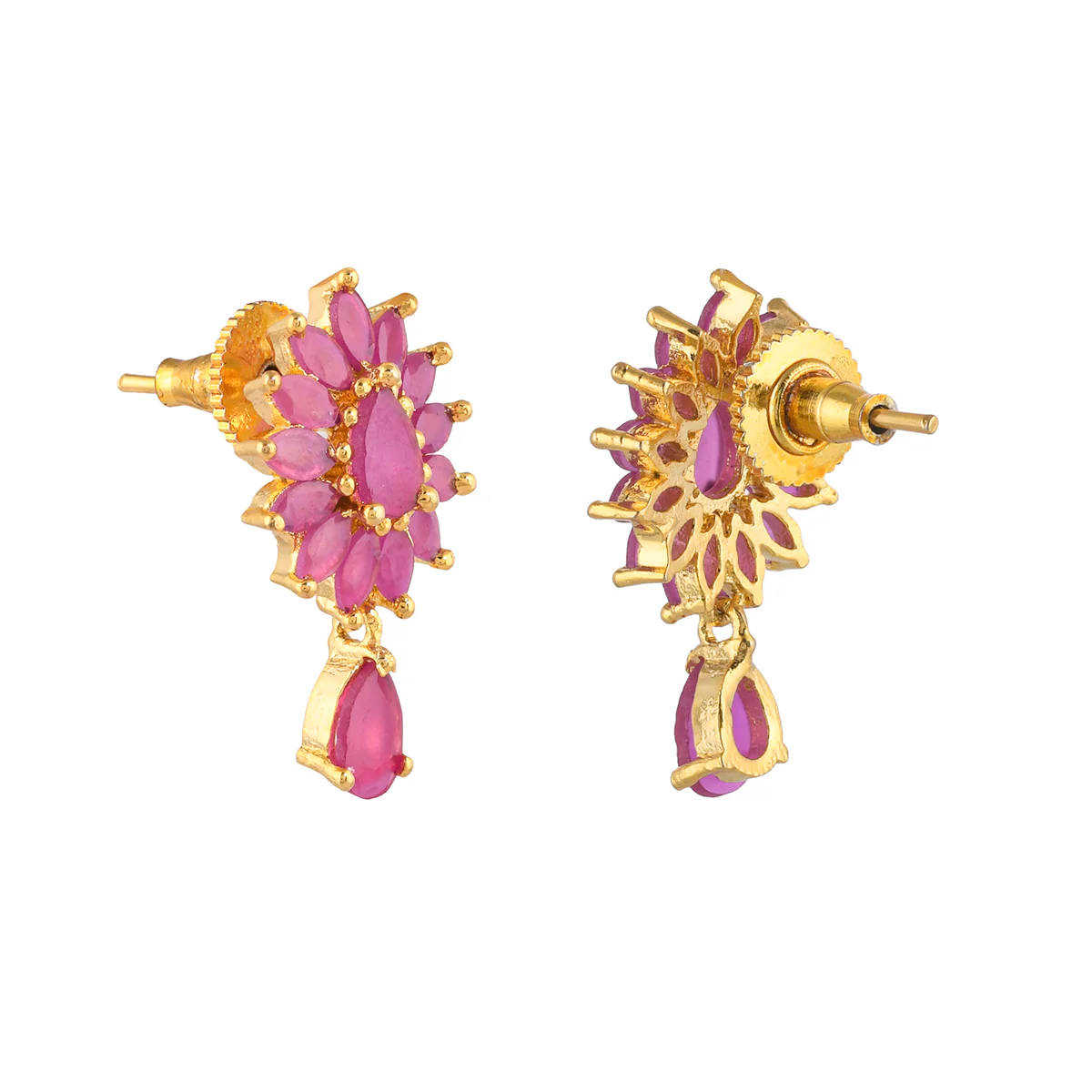 Sparkling Elegance Floral Teardrop Cut Zircons Adorned Gold Plated Drop Earrings - Image 5