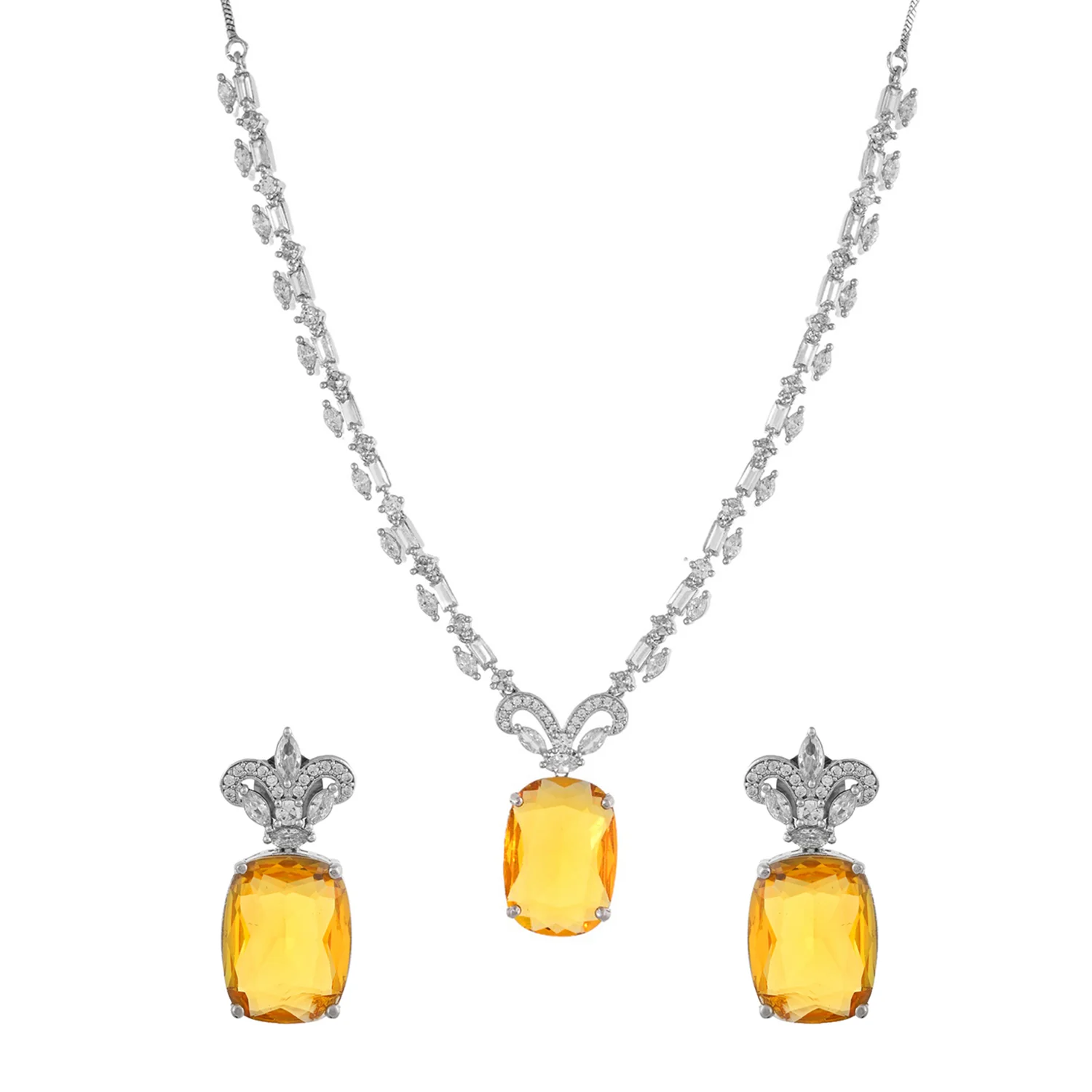 Sparkling Elegance Glamorous Amber Yellow American Diamond Necklace Set - Image 3