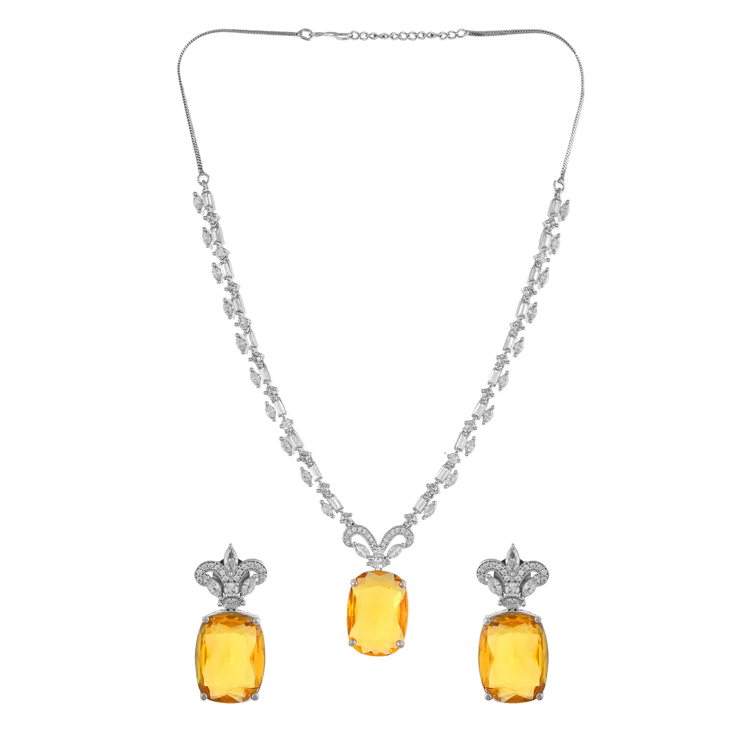 Sparkling Elegance Glamorous Amber Yellow American Diamond Necklace Set - Image 4