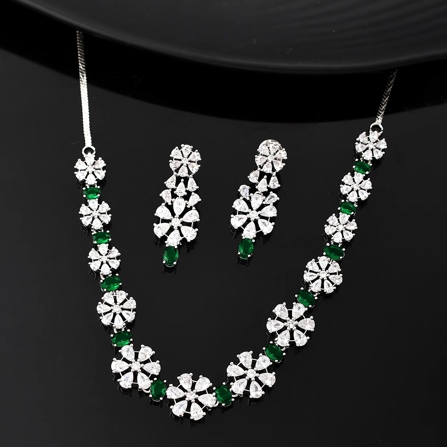 Sparkling Elegance Glamorous Green Floral American Diamond Necklace Set