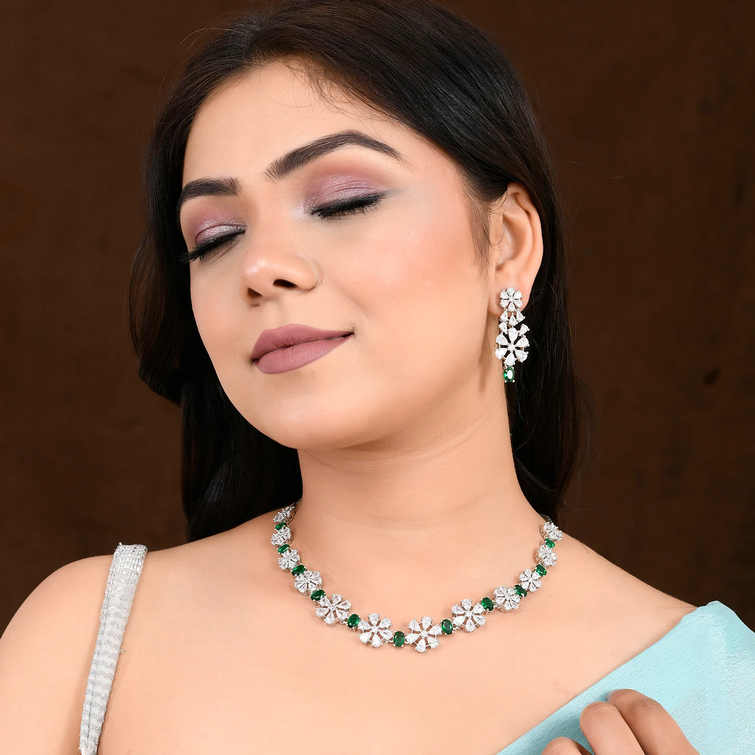 Sparkling Elegance Glamorous Green Floral American Diamond Necklace Set - Image 2