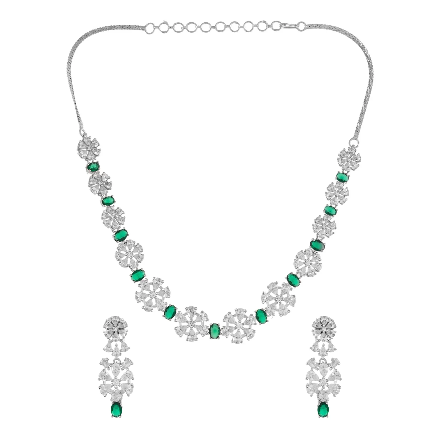 Sparkling Elegance Glamorous Green Floral American Diamond Necklace Set - Image 4