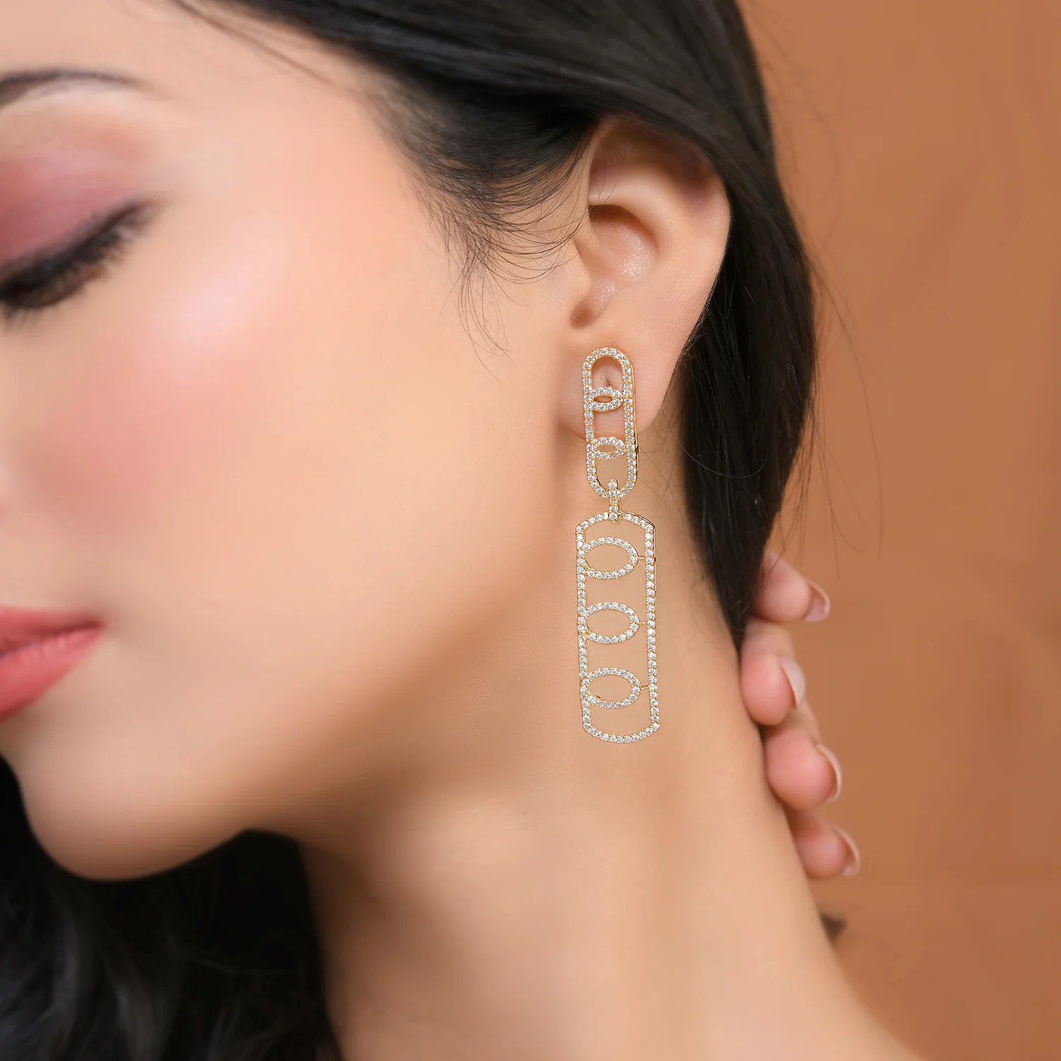 Sparkling Elegance Glamorous Long American Diamond Gold Dangler Earrings - Image 2