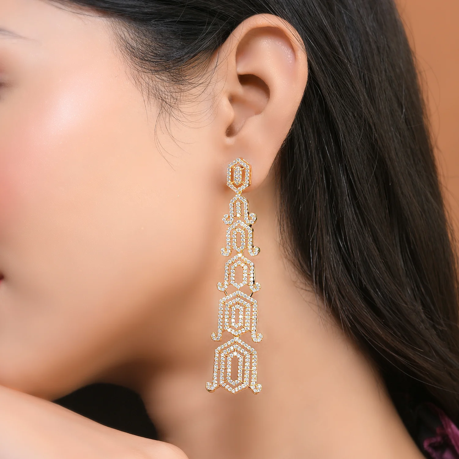 Sparkling Elegance Glamorous Long American Diamond Gold Dangler Earrings - Image 2