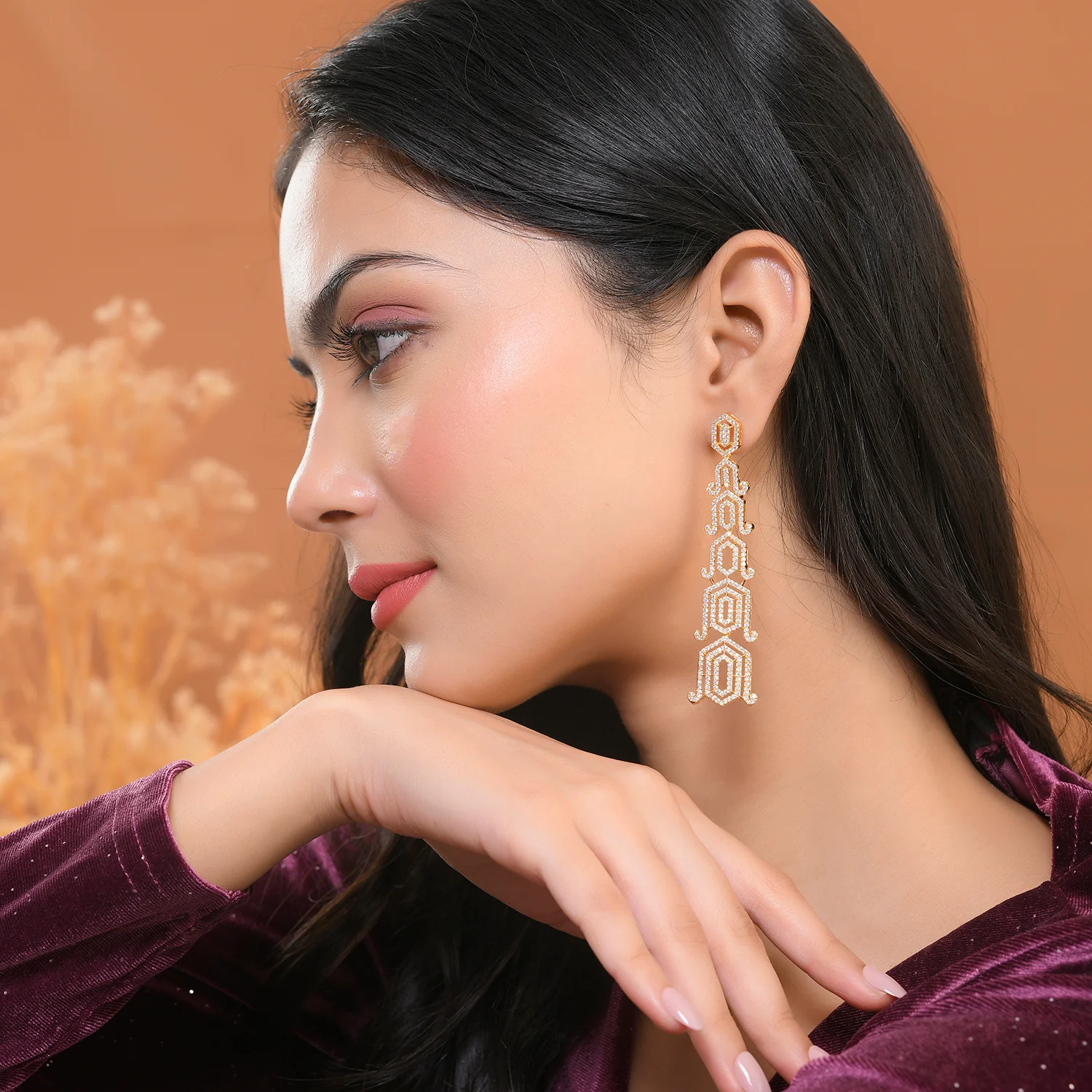 Sparkling Elegance Glamorous Long American Diamond Gold Dangler Earrings - Image 3