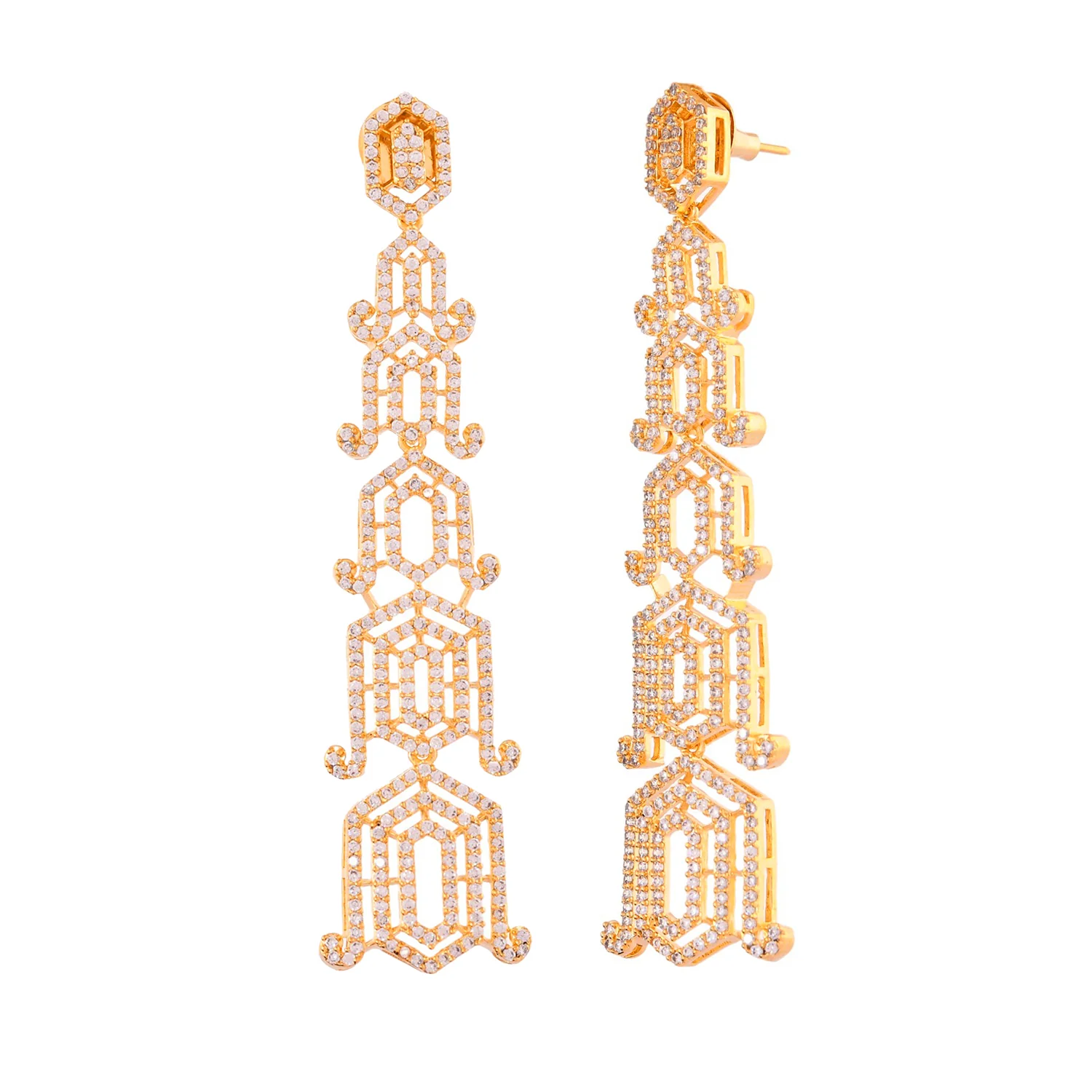 Sparkling Elegance Glamorous Long American Diamond Gold Dangler Earrings - Image 4