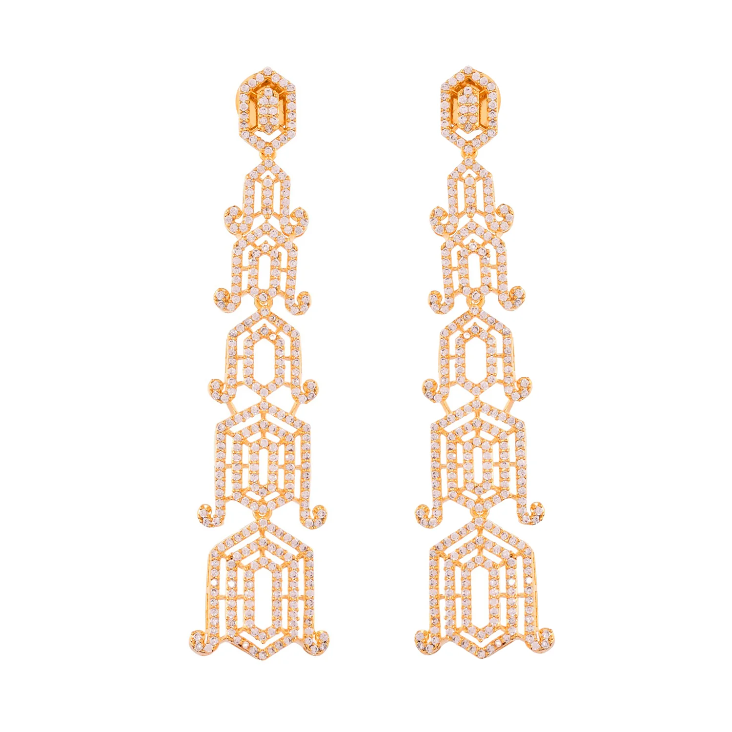 Sparkling Elegance Glamorous Long American Diamond Gold Dangler Earrings - Image 5