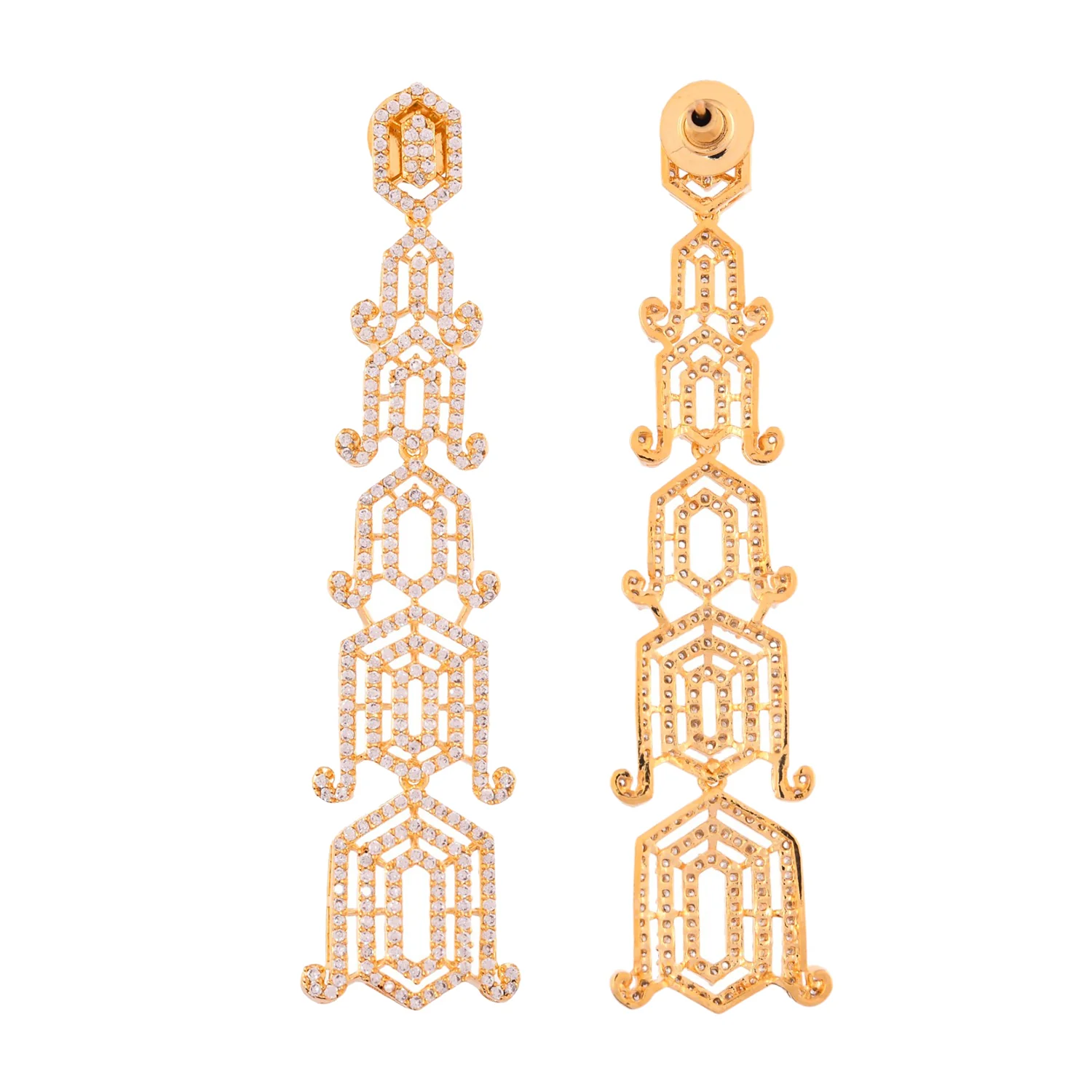 Sparkling Elegance Glamorous Long American Diamond Gold Dangler Earrings - Image 6