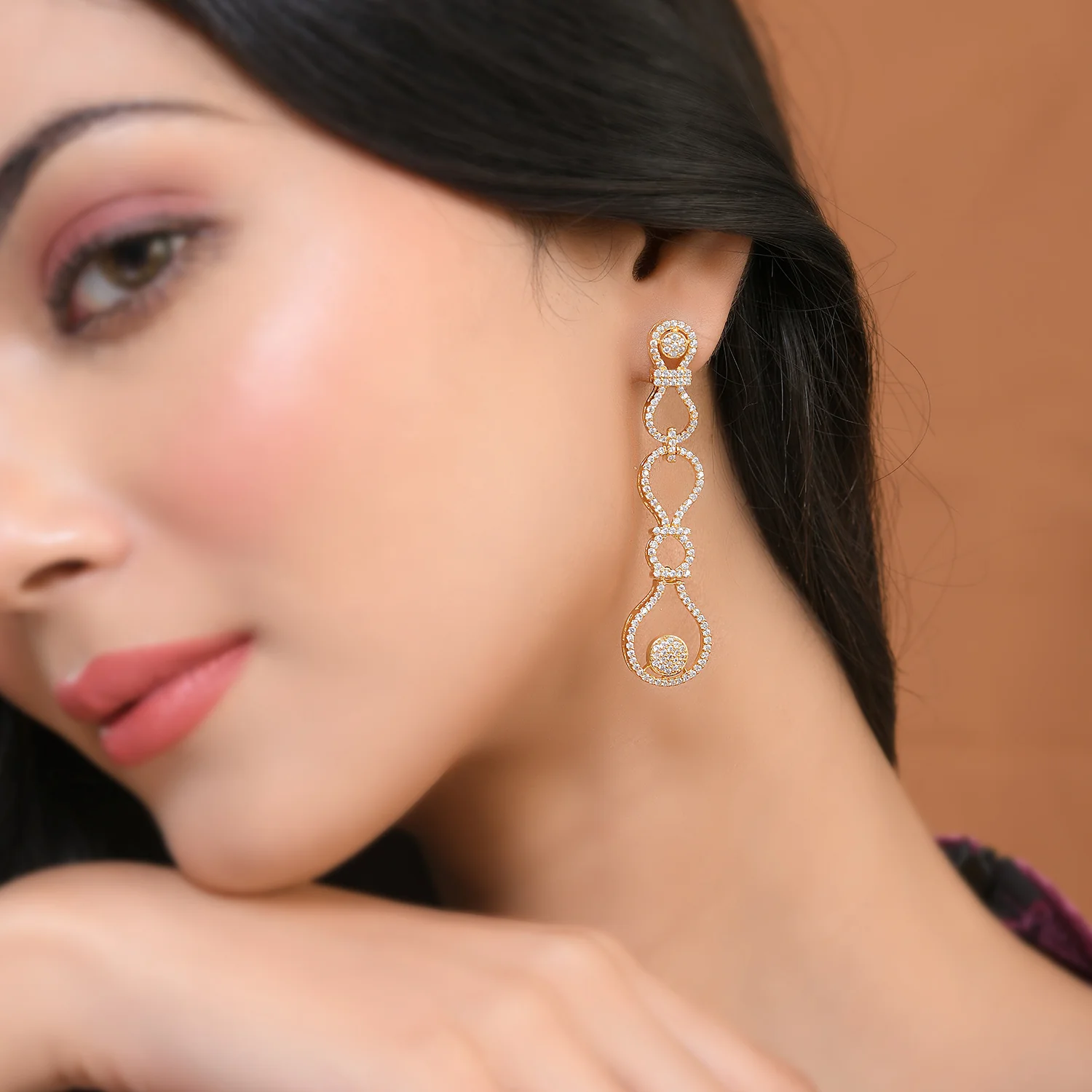 Sparkling Elegance Glamorous Loops American Diamond Gold Dangler Earrings - Image 2