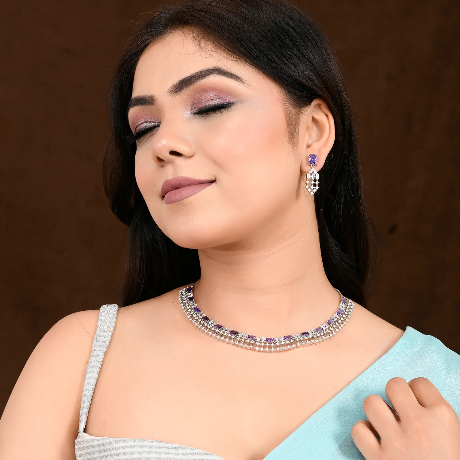 Sparkling Elegance Glamorous Purple American Diamond Necklace Set - Image 2