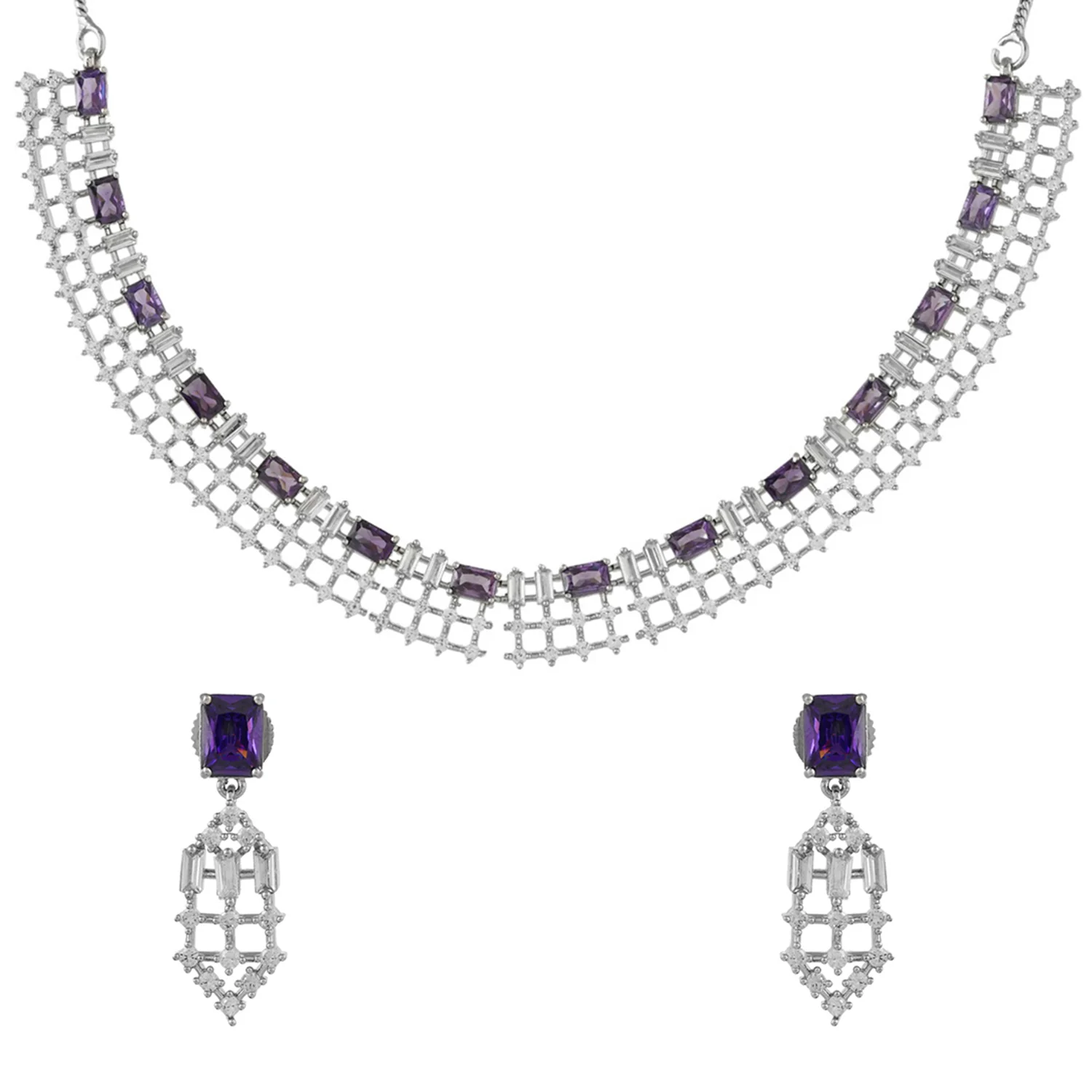 Sparkling Elegance Glamorous Purple American Diamond Necklace Set - Image 3