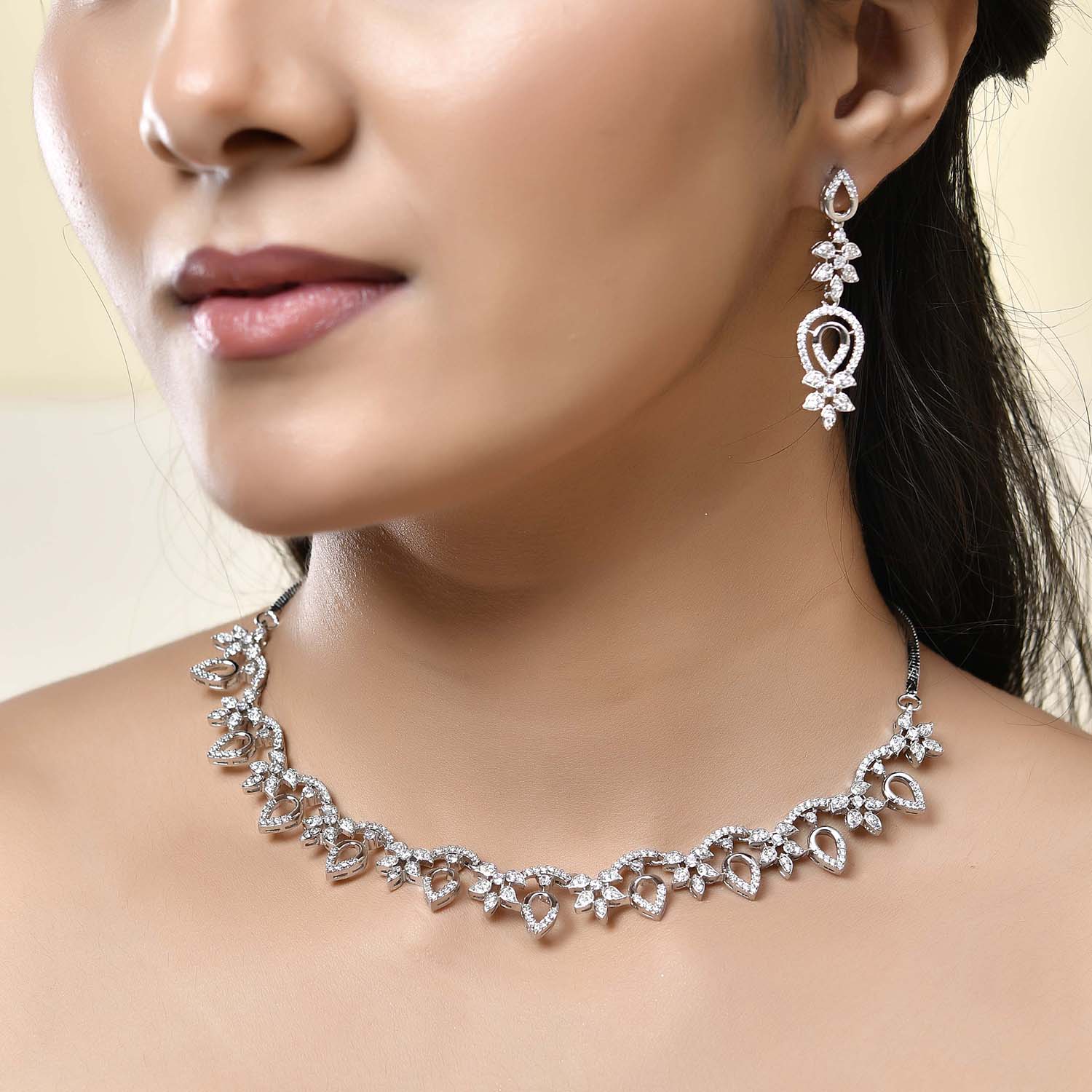 Sparkling Elegance Gleaming Blossom American Diamond Necklace Set - Image 2