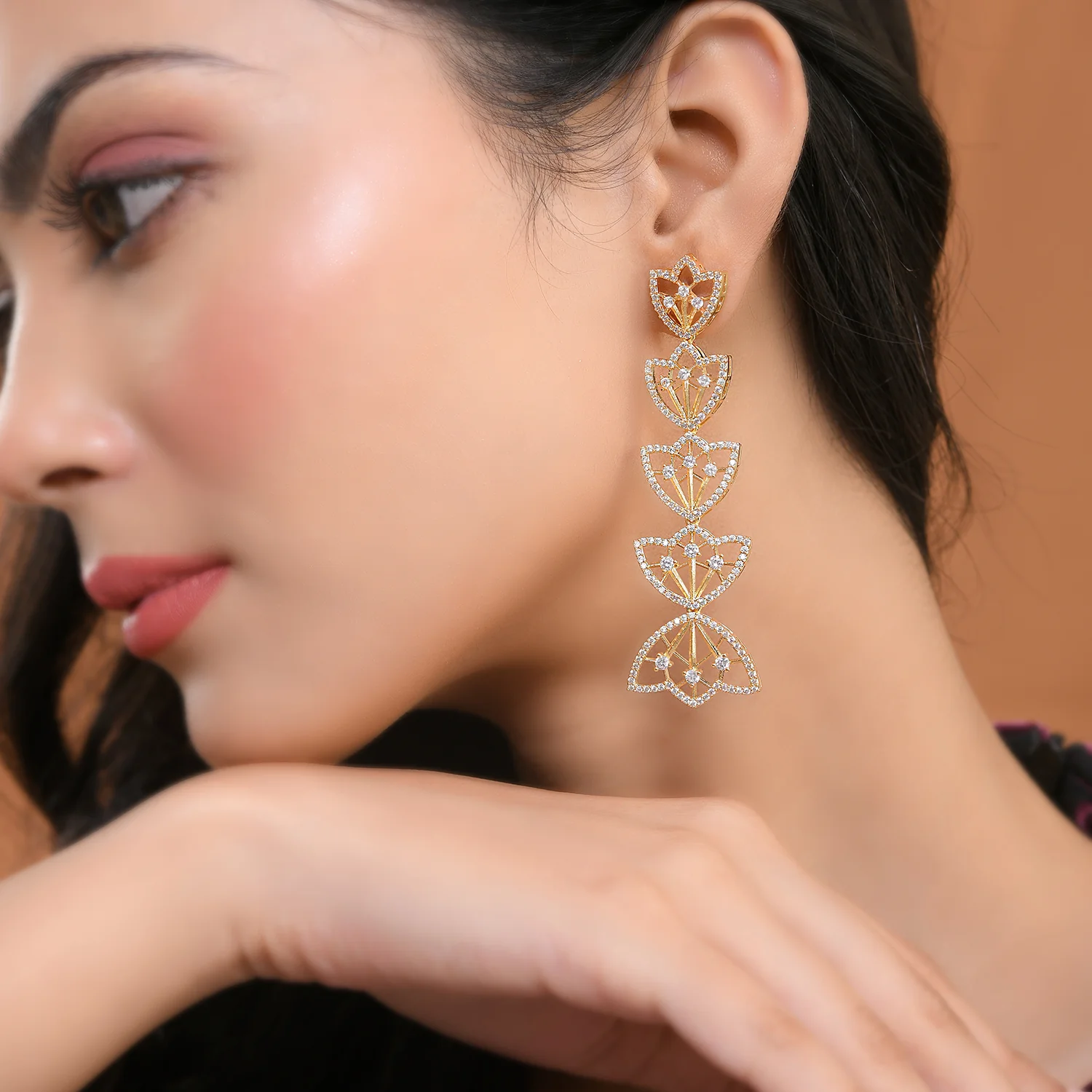 Sparkling Elegance Gleaming Gold Petals American Diamond Dangler Earrings - Image 2