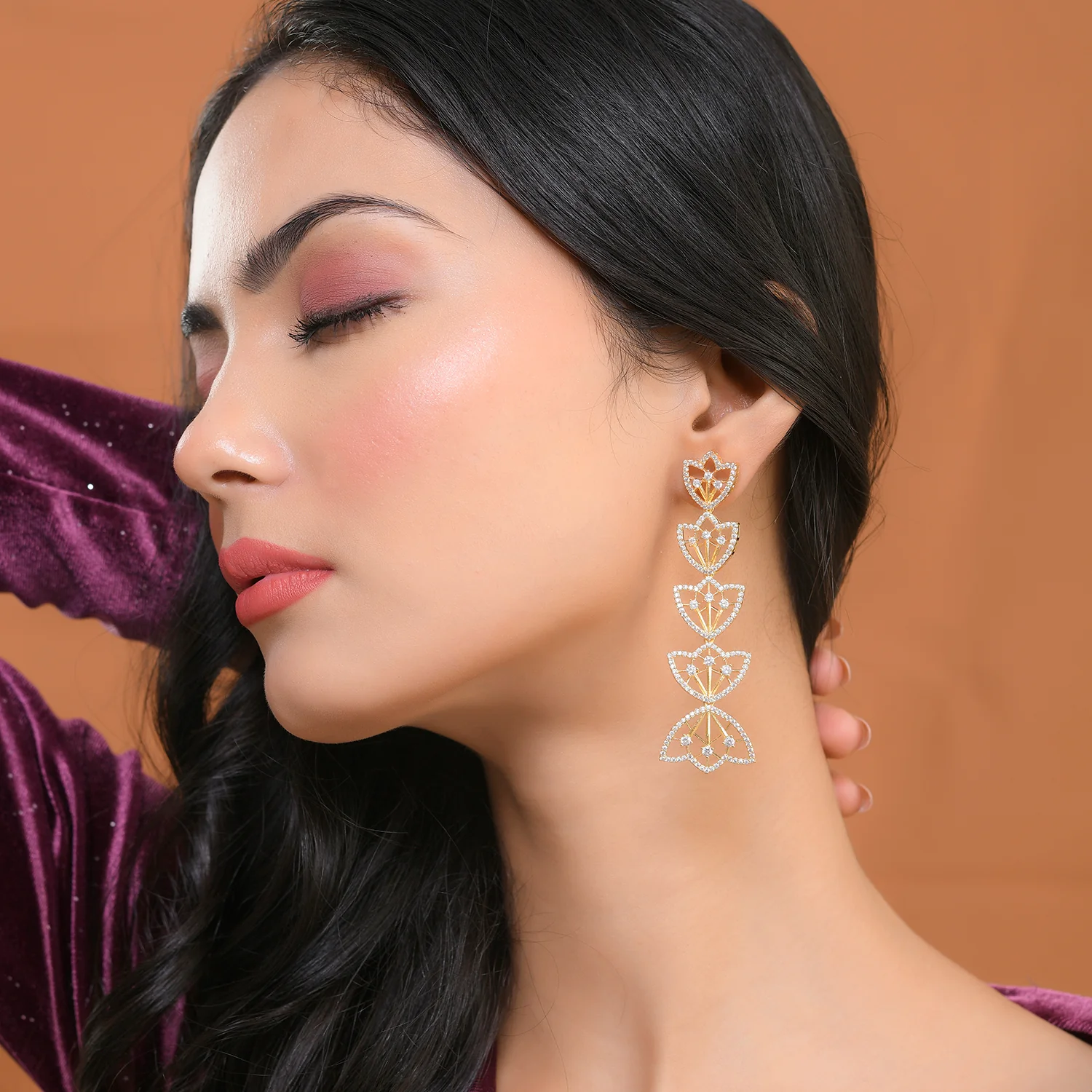 Sparkling Elegance Gleaming Gold Petals American Diamond Dangler Earrings - Image 3