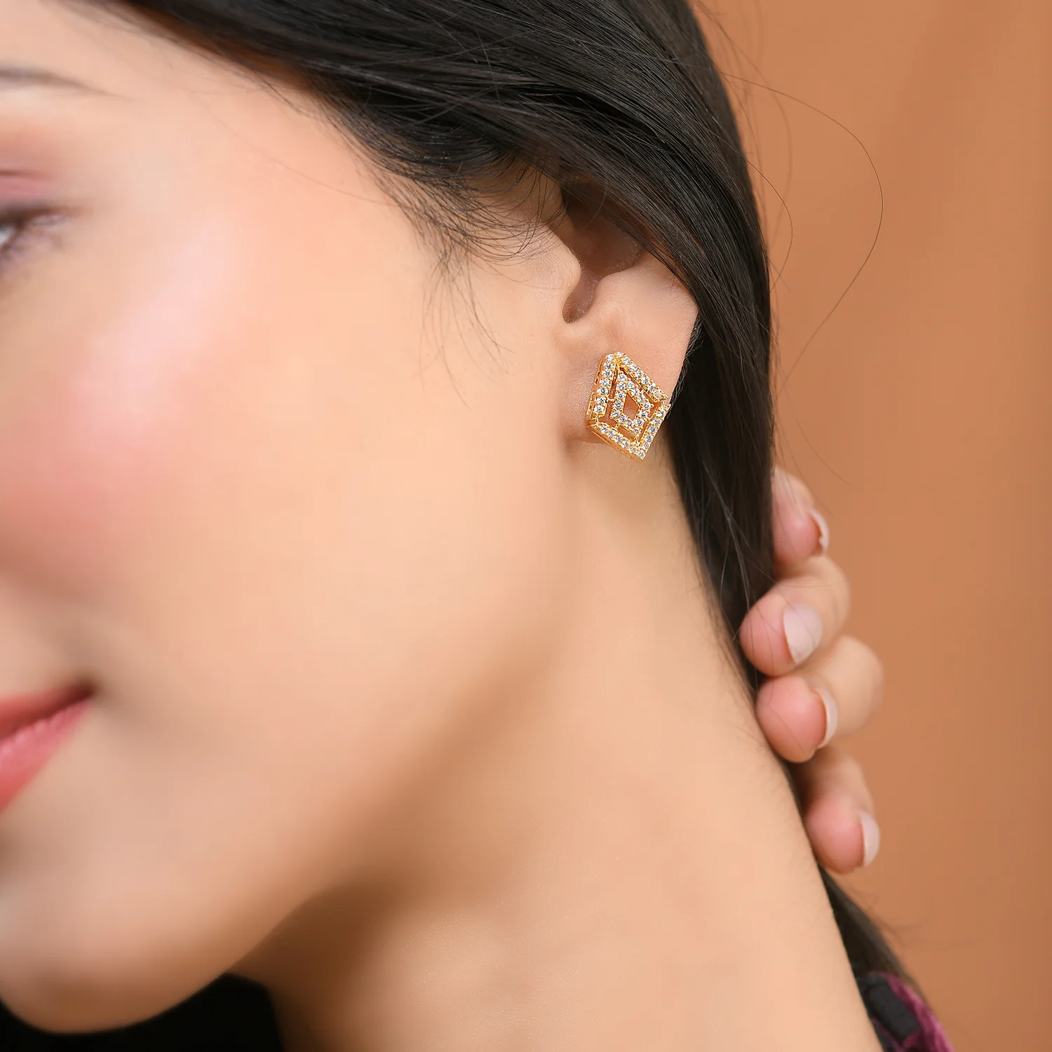 Sparkling Elegance Gleaming Gold-Plated American Diamond Studs Earrings - Image 2