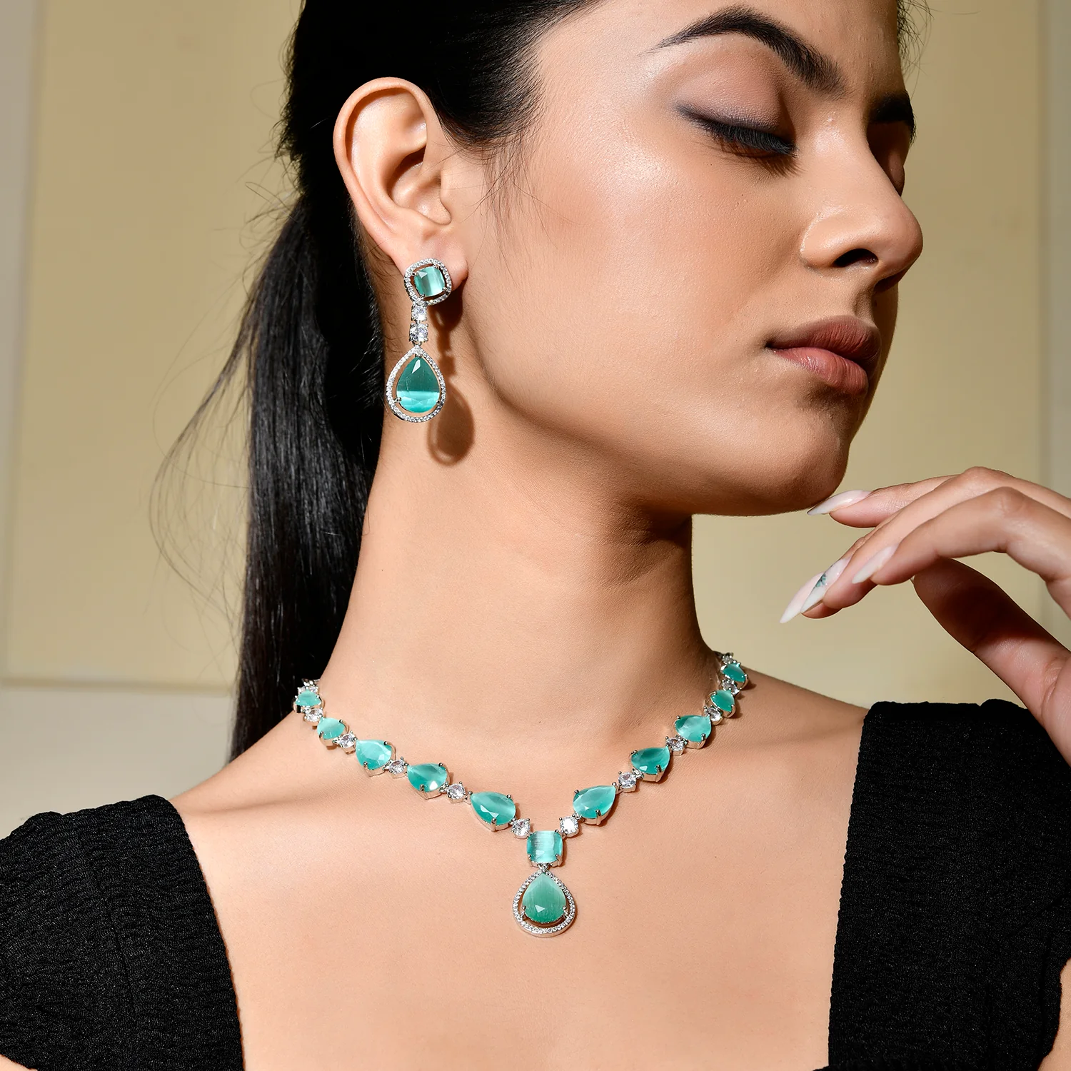 Sparkling Elegance Gleaming Love Aqua Blue American Diamond Necklace Set - Image 2