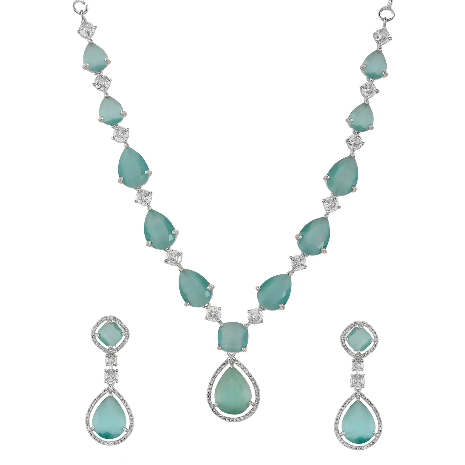 Sparkling Elegance Gleaming Love Aqua Blue American Diamond Necklace Set - Image 3