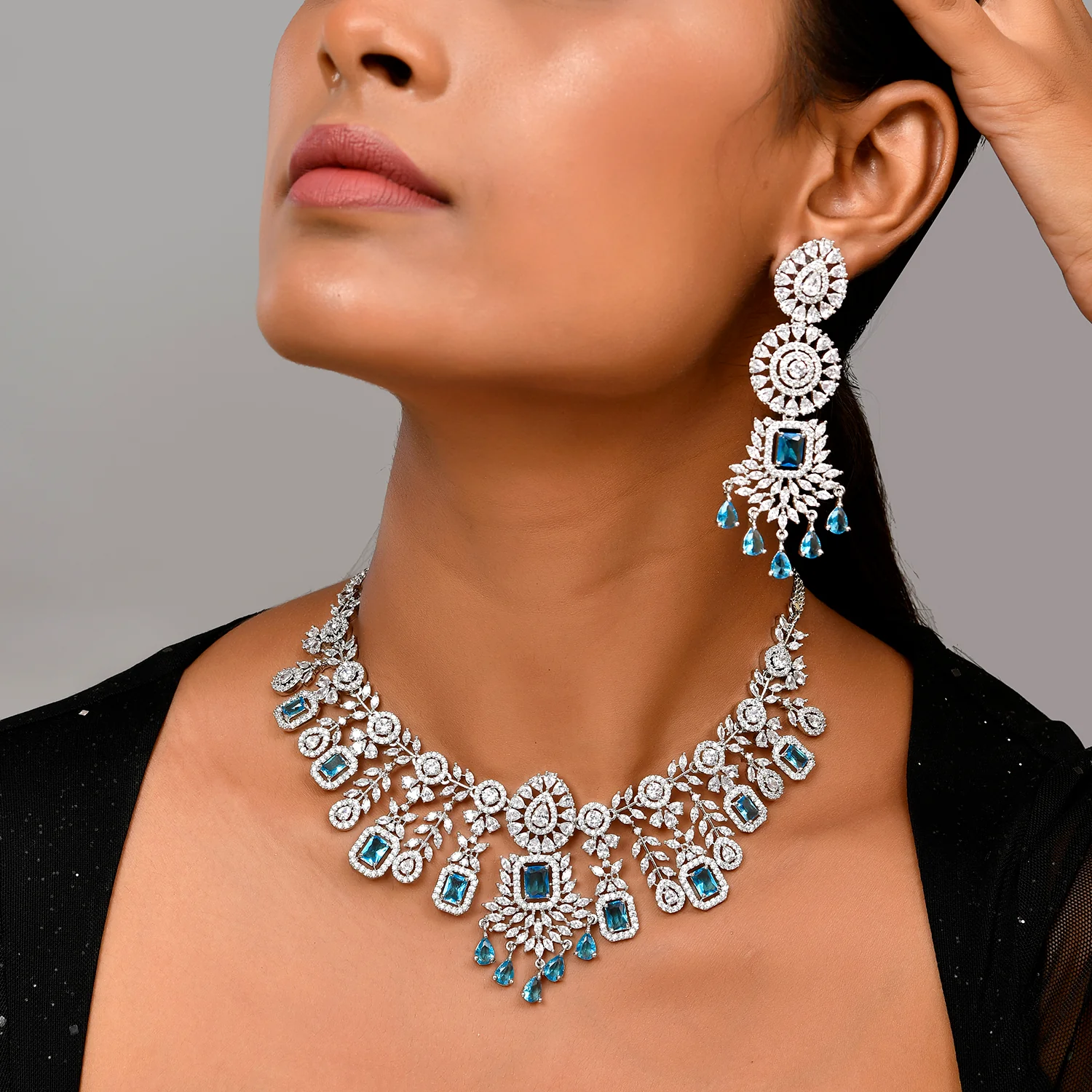 Sparkling Elegance Glimmering Blue American Diamond Necklace Set - Image 2