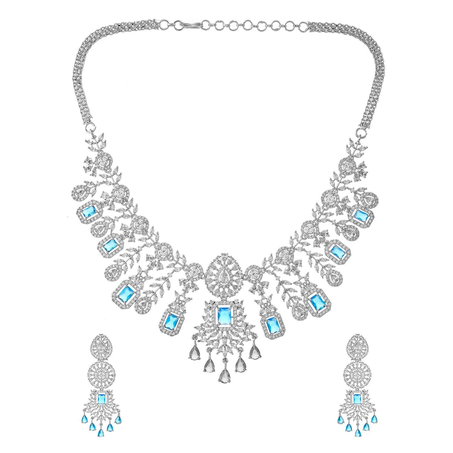 Sparkling Elegance Glimmering Blue American Diamond Necklace Set - Image 4