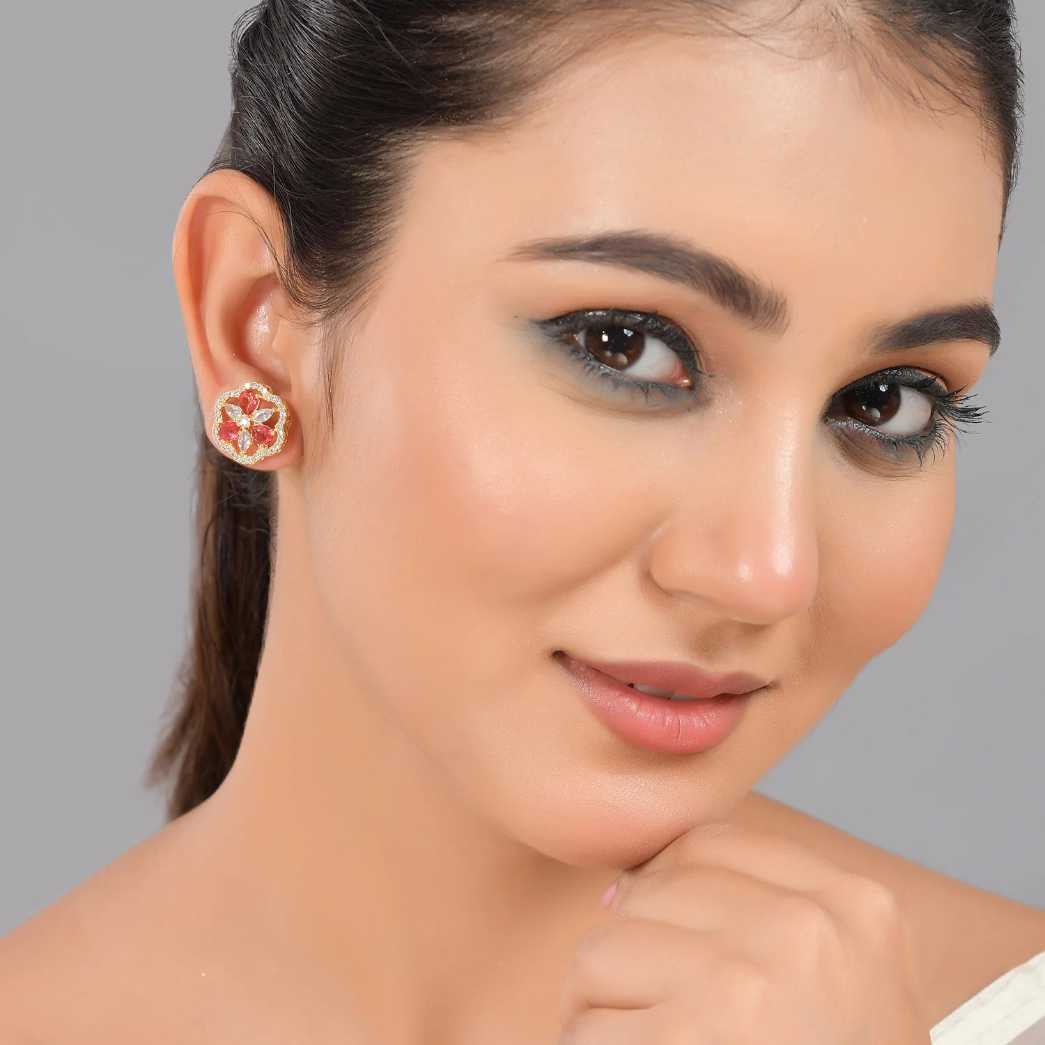 Sparkling Elegance Gold-Plated Dark Pink Floral Stud Earrings - Image 2