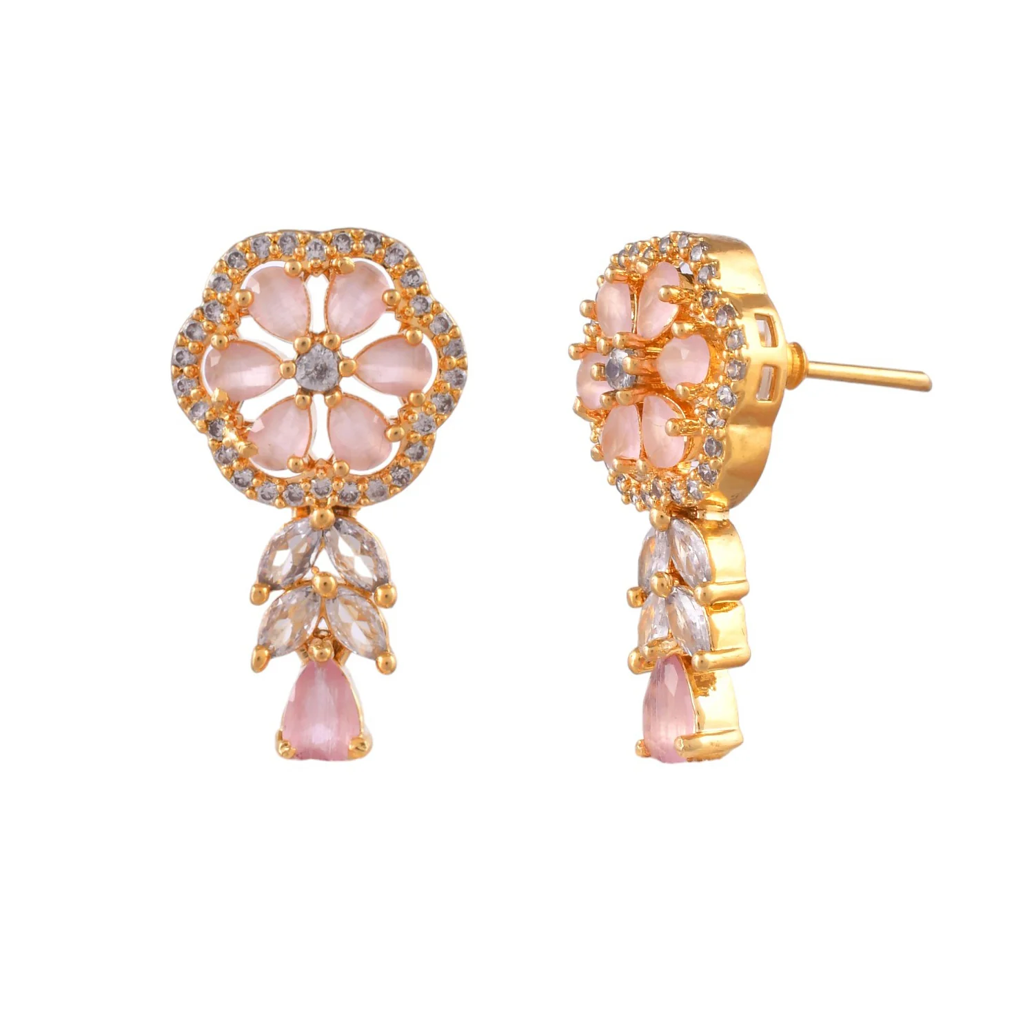 Sparkling Elegance Gold-Plated Pink Floral Stud Earrings - Image 3