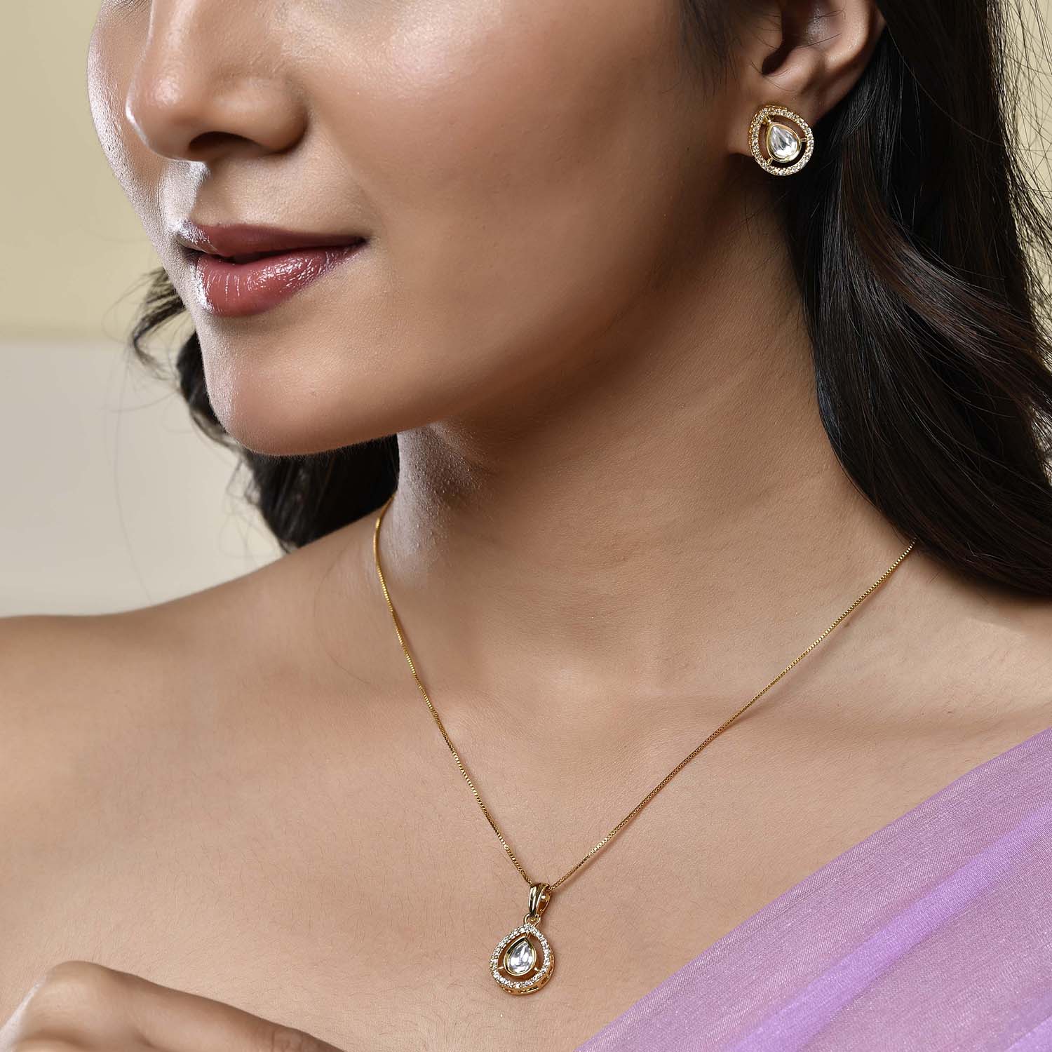 Sparkling Elegance Golden Bliss American Diamond Pendant Set - Image 2