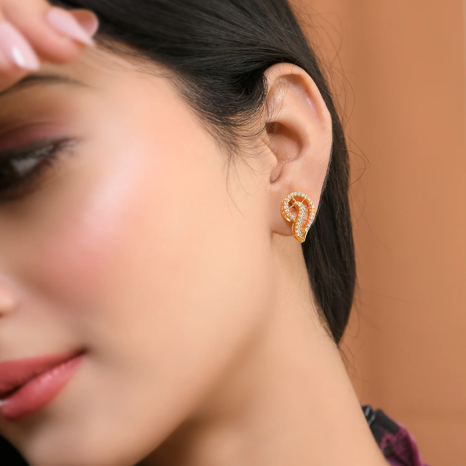 Sparkling Elegance Golden Glow American Diamond Studs Earrings - Image 2