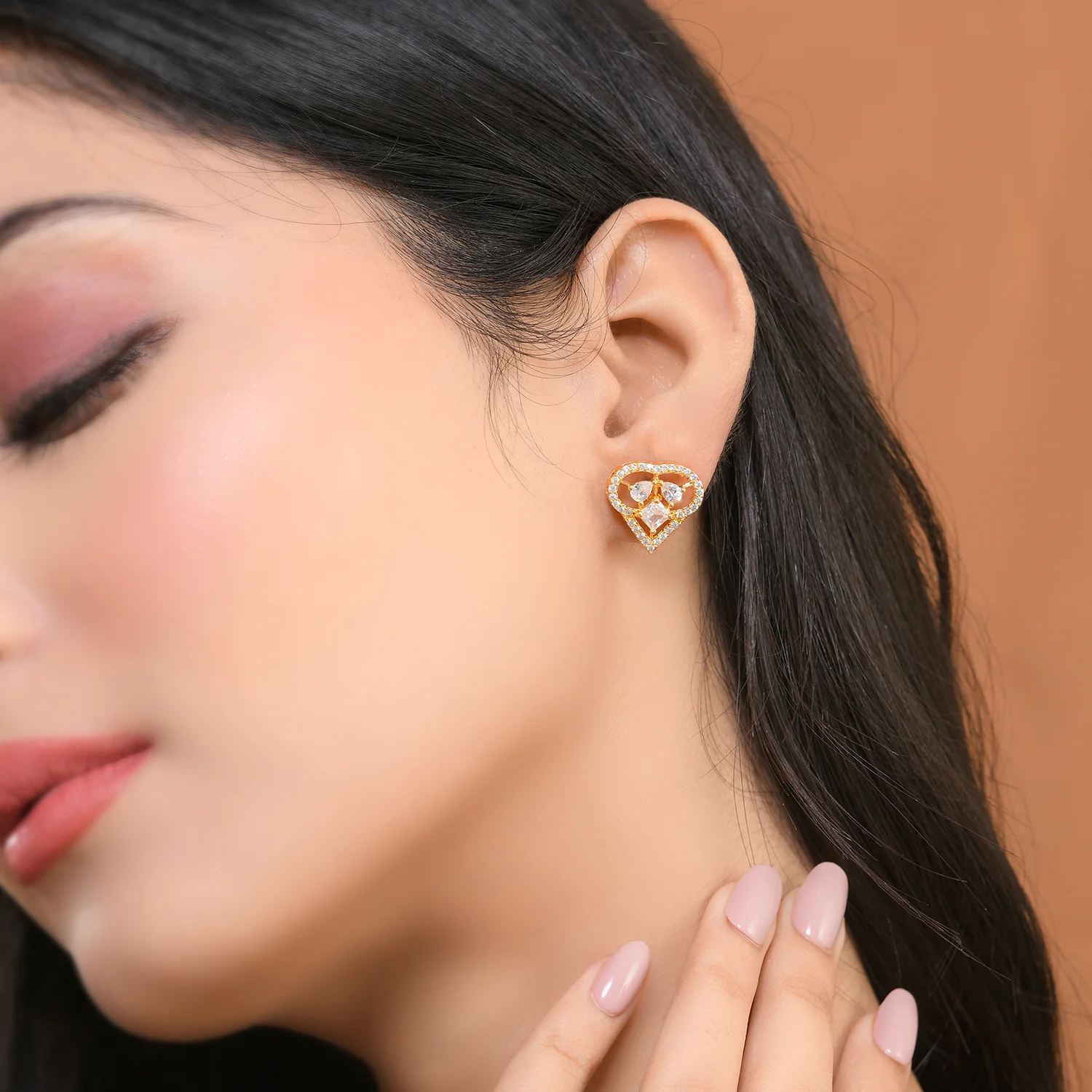 Sparkling Elegance Golden Love American Diamond Studs Earrings - Image 2