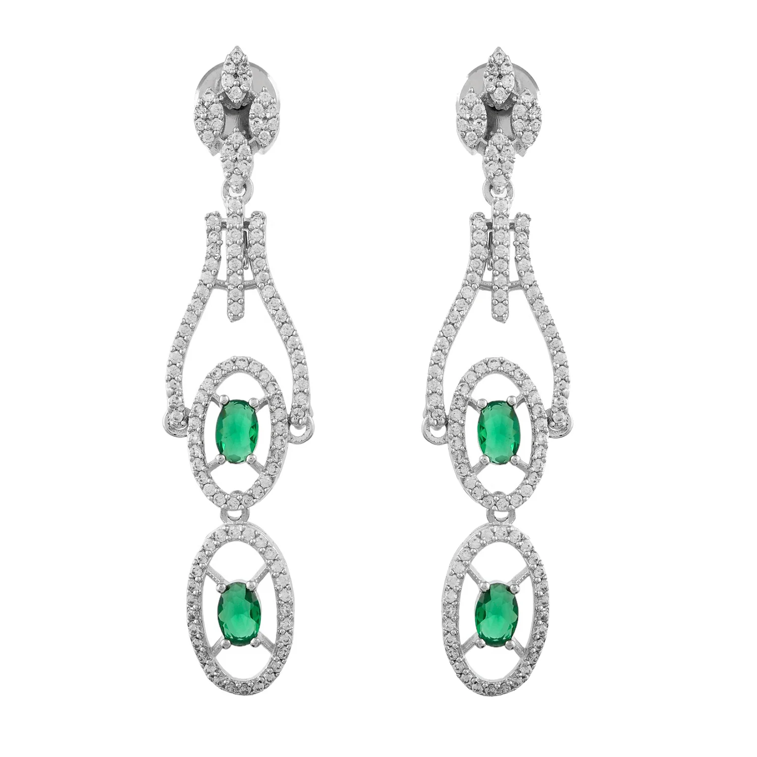 Sparkling Elegance Graceful Green American Diamond Dangler Earrings - Image 4