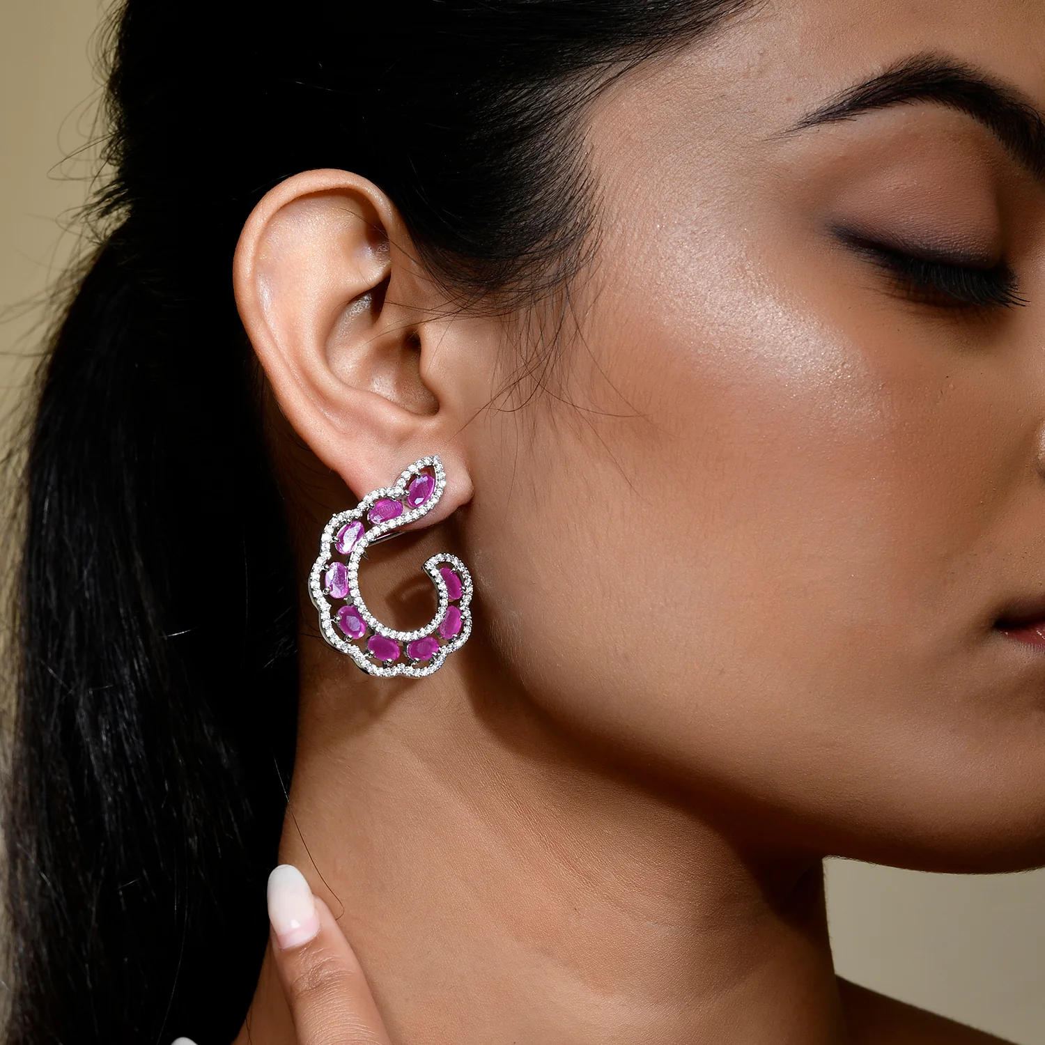 Sparkling Elegance Graceful Pink Swirl American Diamond Earrings - Image 2