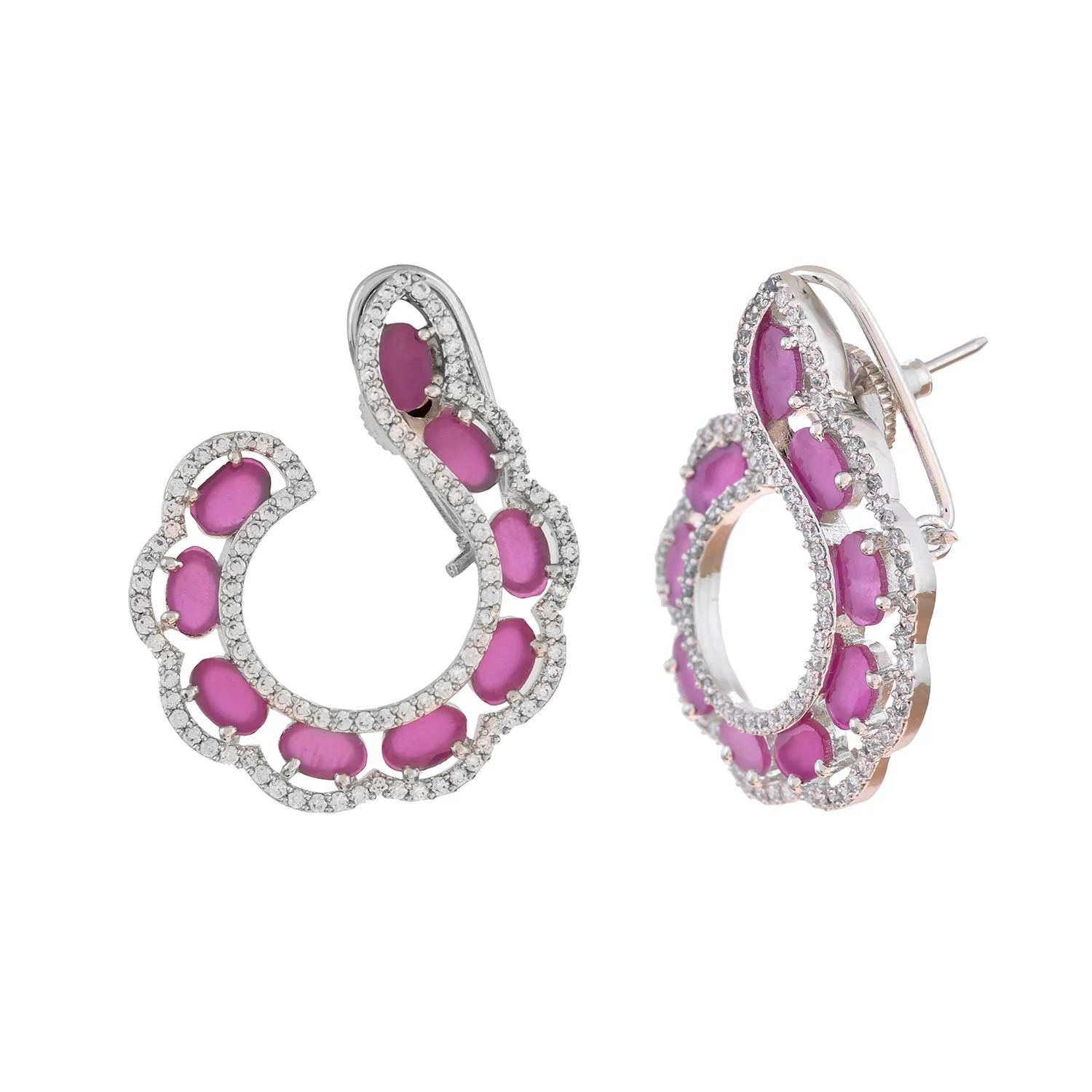 Sparkling Elegance Graceful Pink Swirl American Diamond Earrings - Image 3