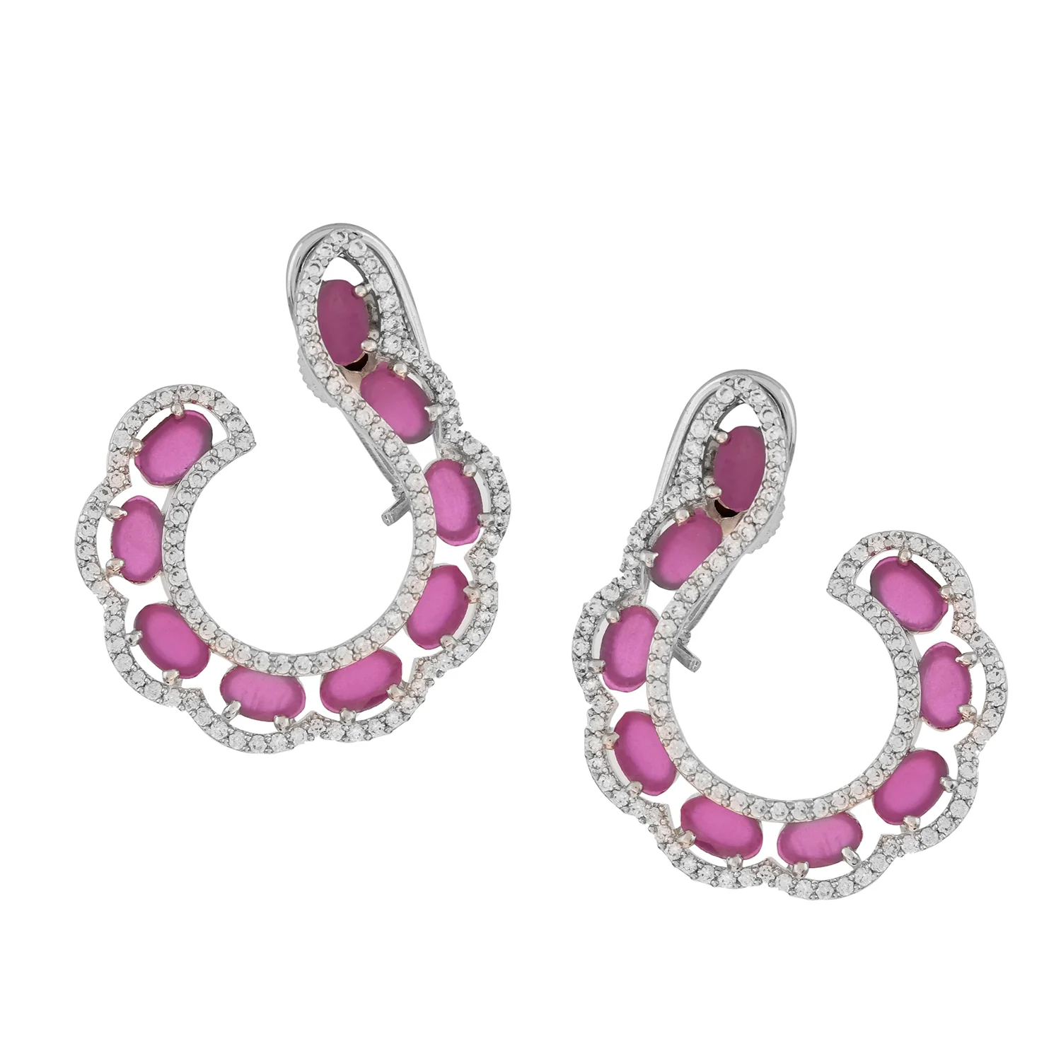 Sparkling Elegance Graceful Pink Swirl American Diamond Earrings - Image 4