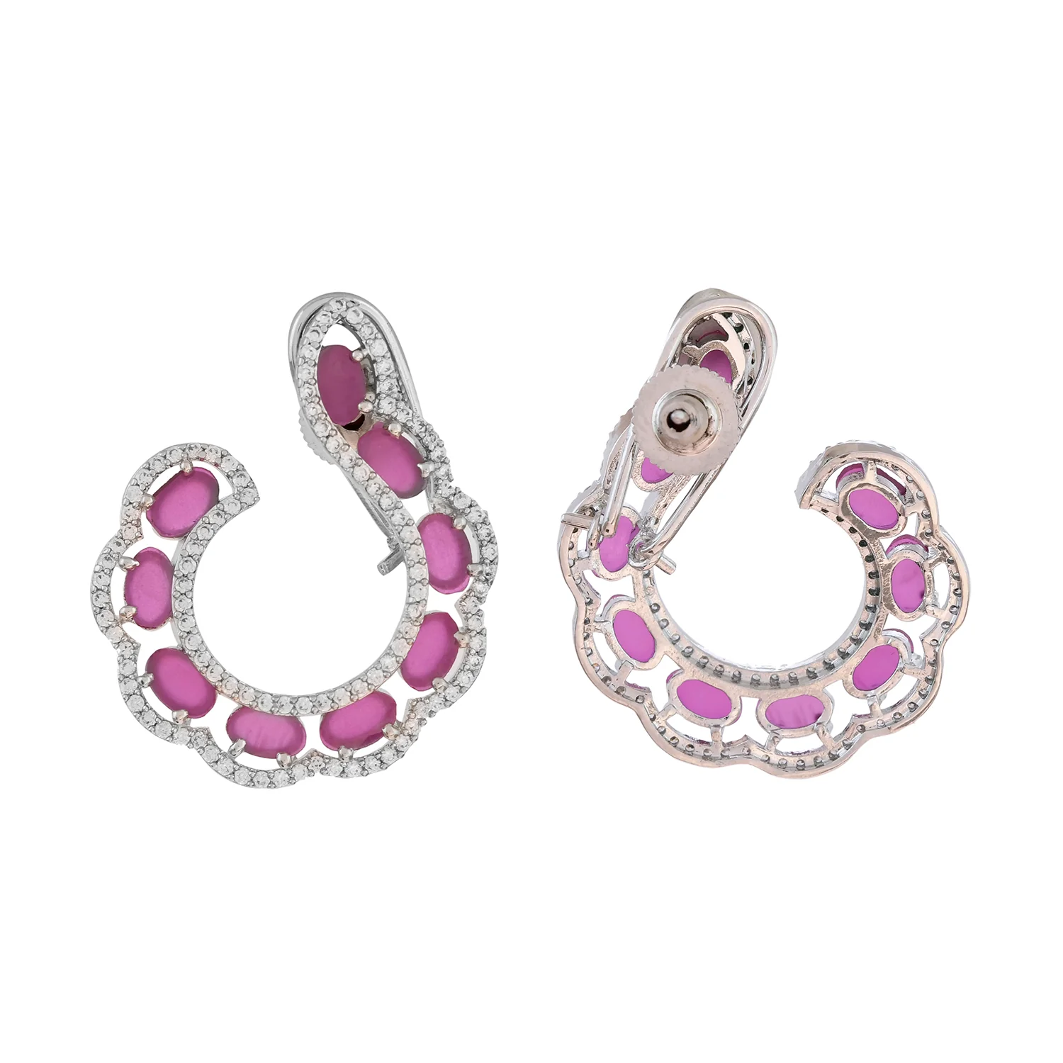 Sparkling Elegance Graceful Pink Swirl American Diamond Earrings - Image 5