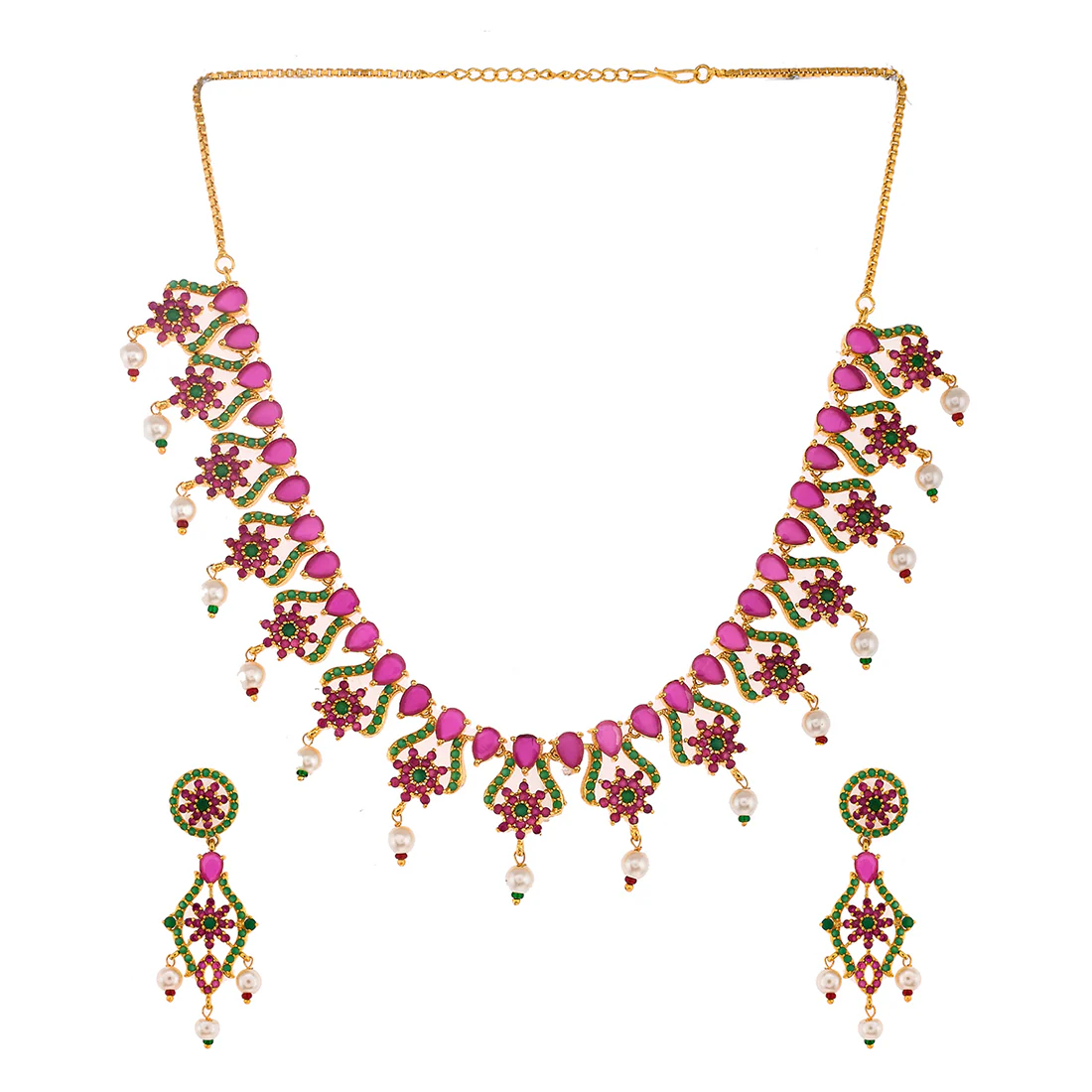 Sparkling Elegance Green and Pink CZ Pearl Beaded Jewellery Set - Image 3