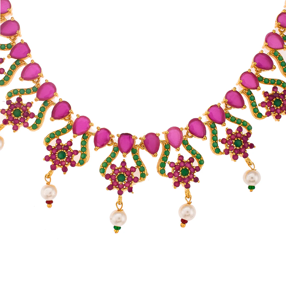 Sparkling Elegance Green and Pink CZ Pearl Beaded Jewellery Set - Image 4