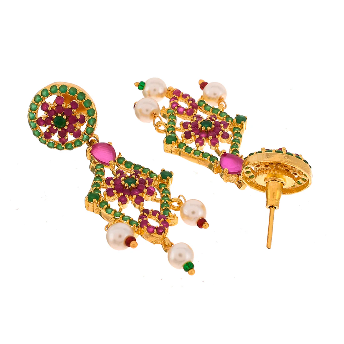 Sparkling Elegance Green and Pink CZ Pearl Beaded Jewellery Set - Image 5