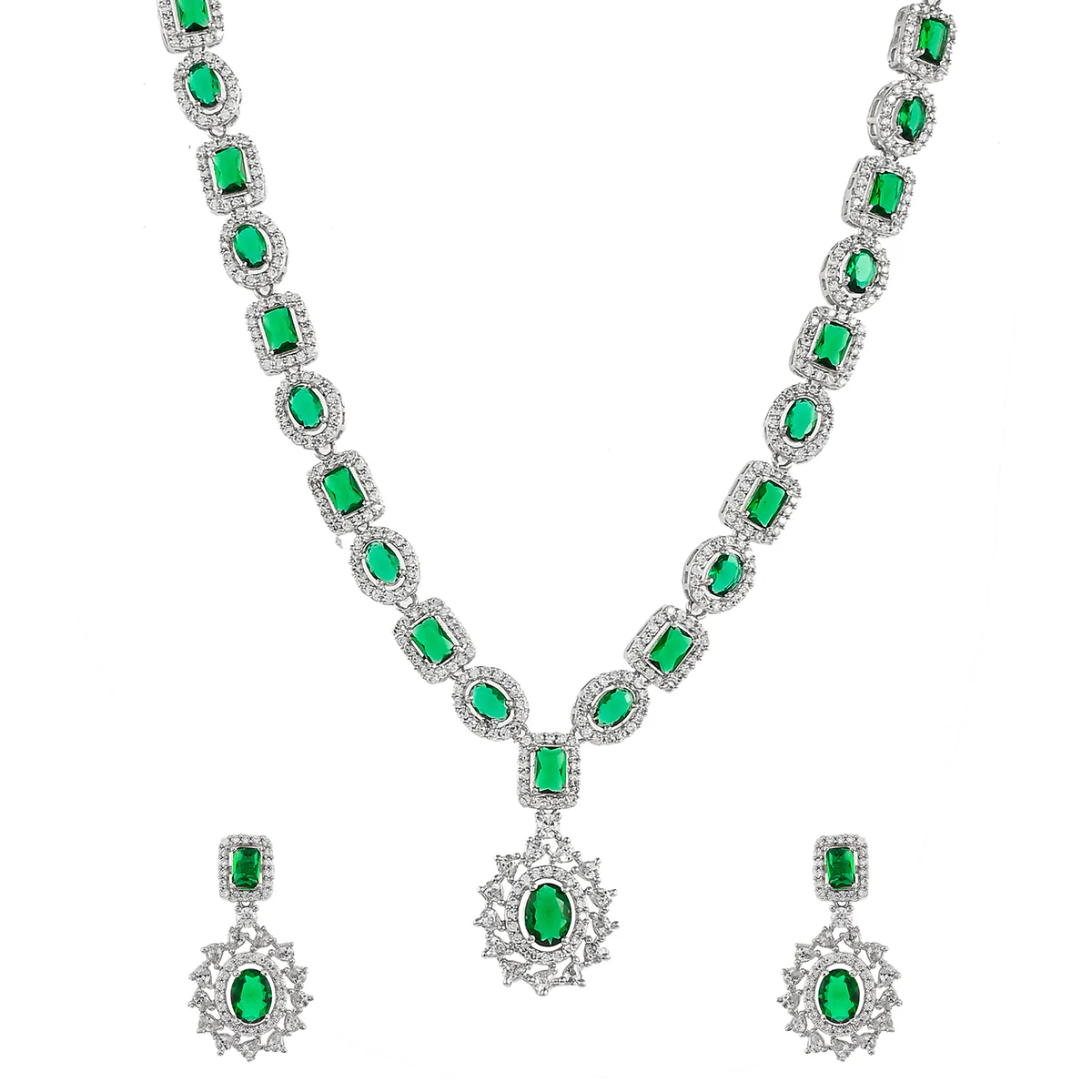 Sparkling Elegance Green and White CZ Brass Silver Plated Jewellery Set - Image 4